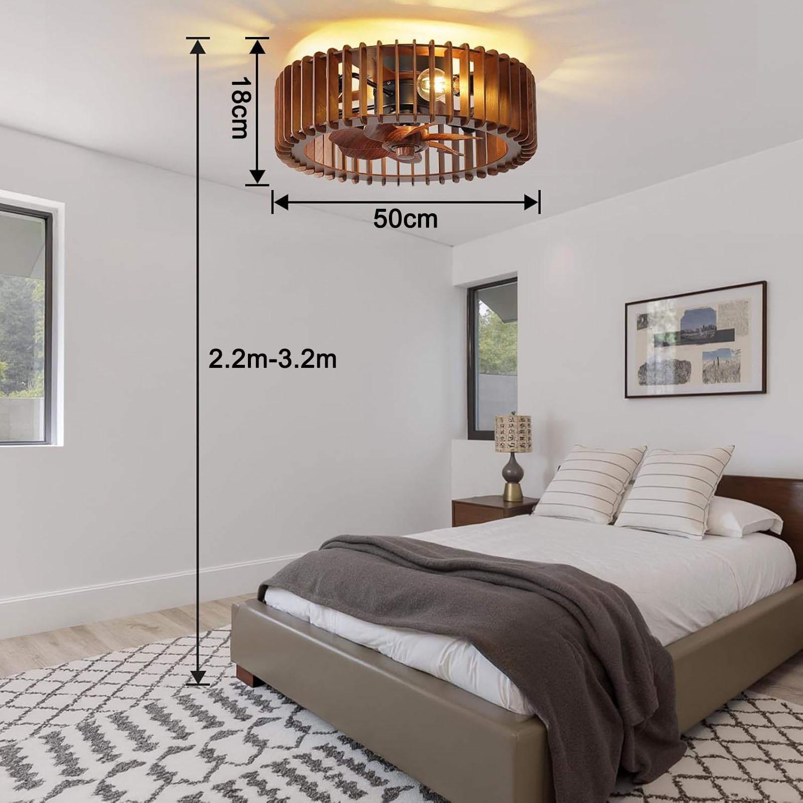 Deckenventilator mit Beleuchtung, Echtholz, 50 cm, 4× E27 | Deckenlampe mit Ventilator, Echtholzgitter, 4 E27-Fassungen, Fernbedienung, 6 Stufen, Timer und umkehrbarer Drehrichtung.