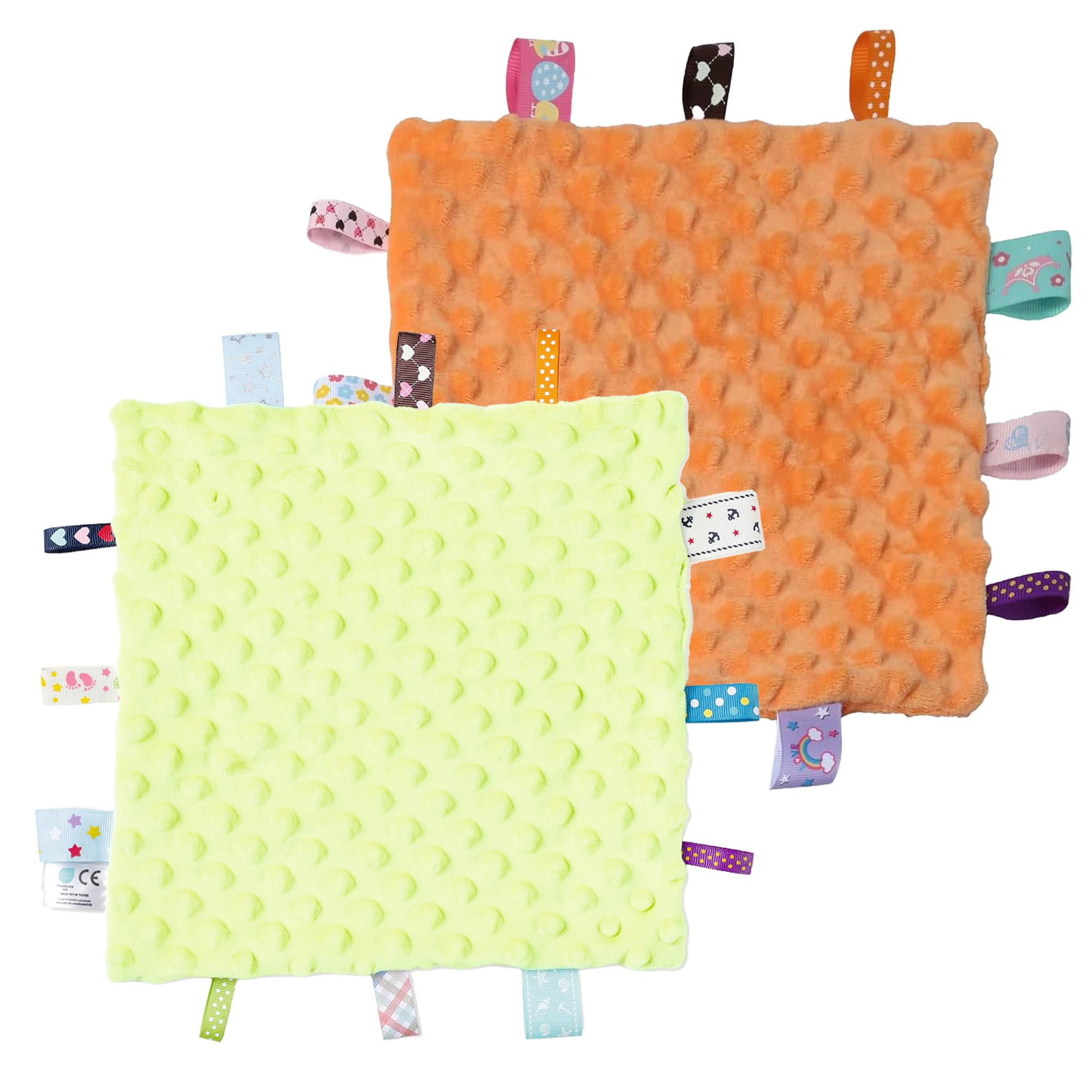 CREVENT Tag Security Blankets for Babies, Soft Small Loveys for Boys, Baby Comforter Sensory Blanket, Great Gifts for Birthday Baby Shower - 10"X10" Green + Orange