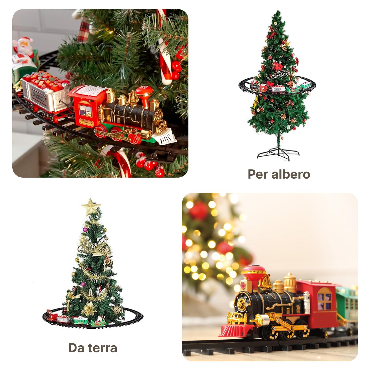 Avilia Trenino Elettrico Natalizio in Movimento con Luci e Suoni - Decorazione per Albero di Natale - Treno con Binari di diametro 89cm - Treno per Albero di Natale Sospeso o da Terra con Batteria
