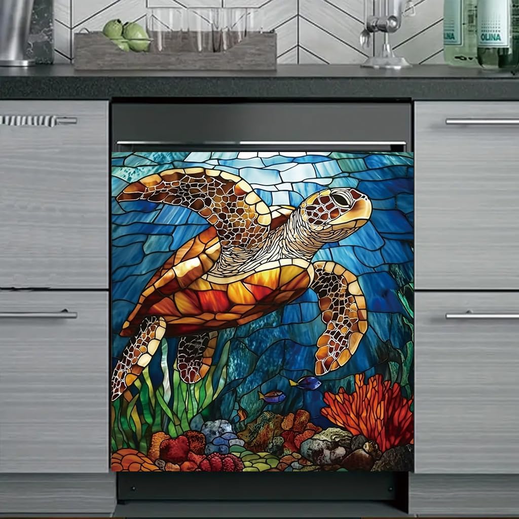 2D Flat Sea Turtle Dishwasher Magnetic Cover 23x26 Inch Ocean Stained Glass StyleAppliance Magnet Artistic Marine Kitchen Decor
