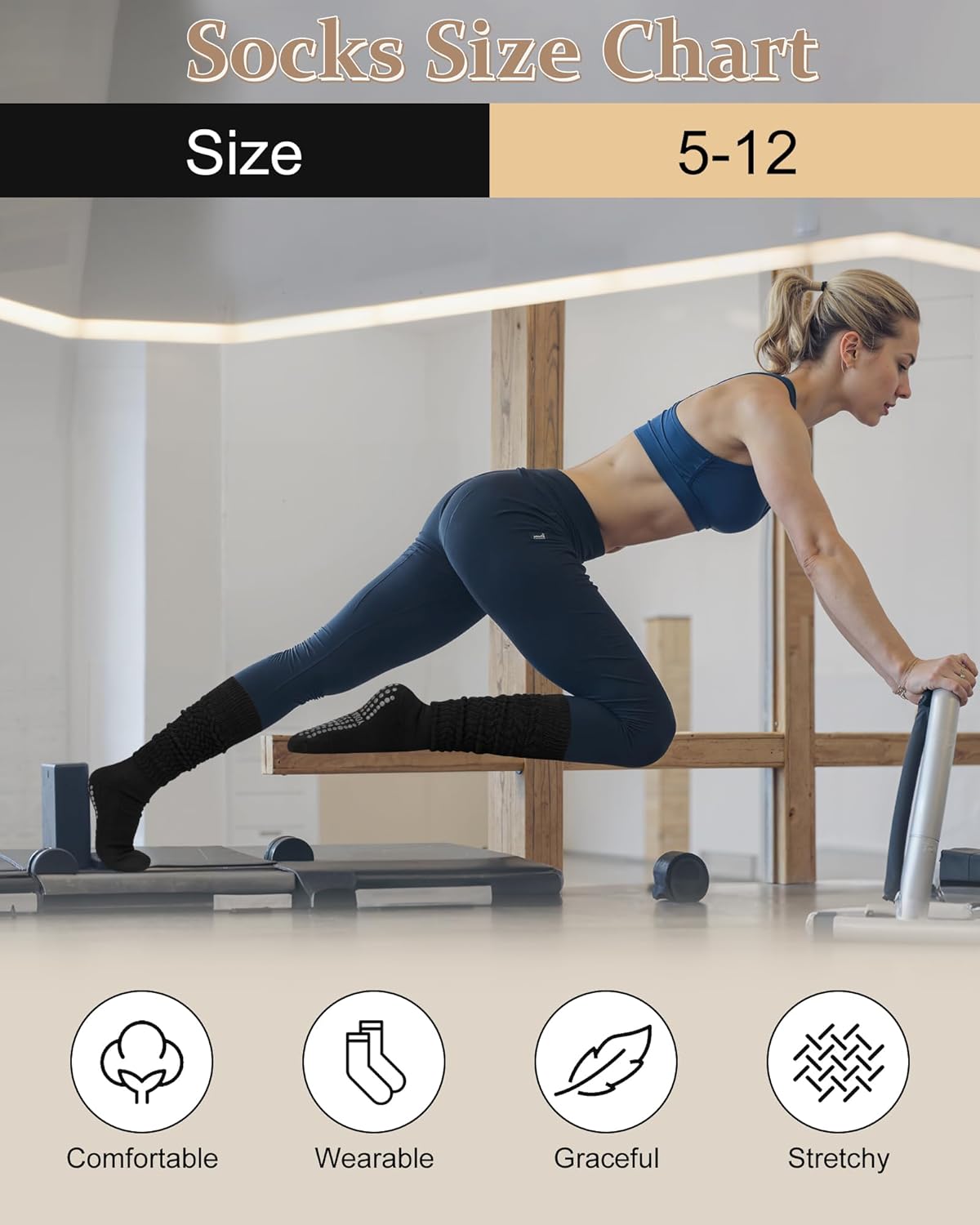 4 Pairs Pilates Grip Scrunch Socks for Women, Long Cotton Non Slip Slouch Yoga Calf Socks Slipper Crew Stockings - Image 4