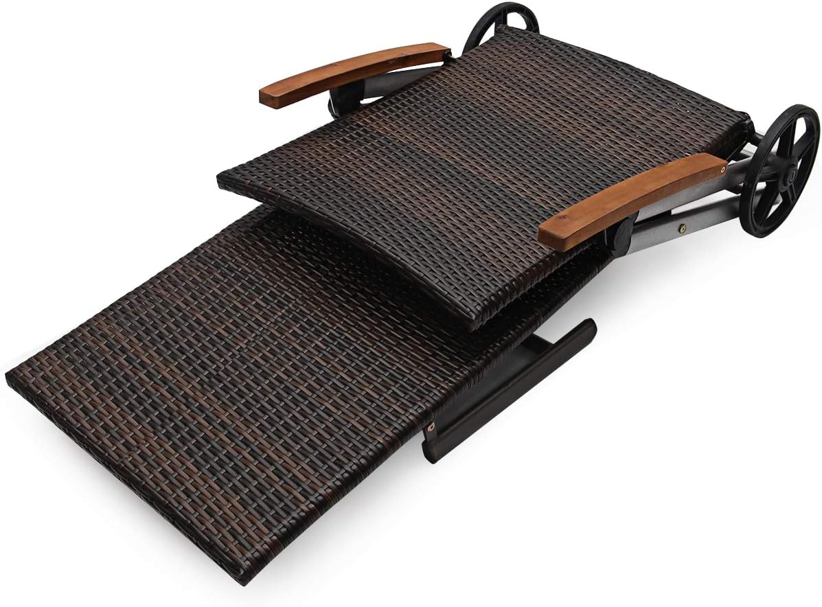 Tangkula Wicker Chaise Folding Back Adjustable Aluminum Rattan Lounger Recliner Chair W/Wheels (Mix Brown)