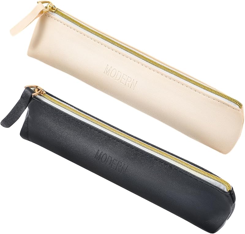 Tucnoeu 2pcs Mini Cosmetic Bag for Purse, 7.87 x 2.55inch Small Leather Pouch Make Up Bag with Zipper Portable Small Cosmetic Organizer for Women and Girls, Black Beige