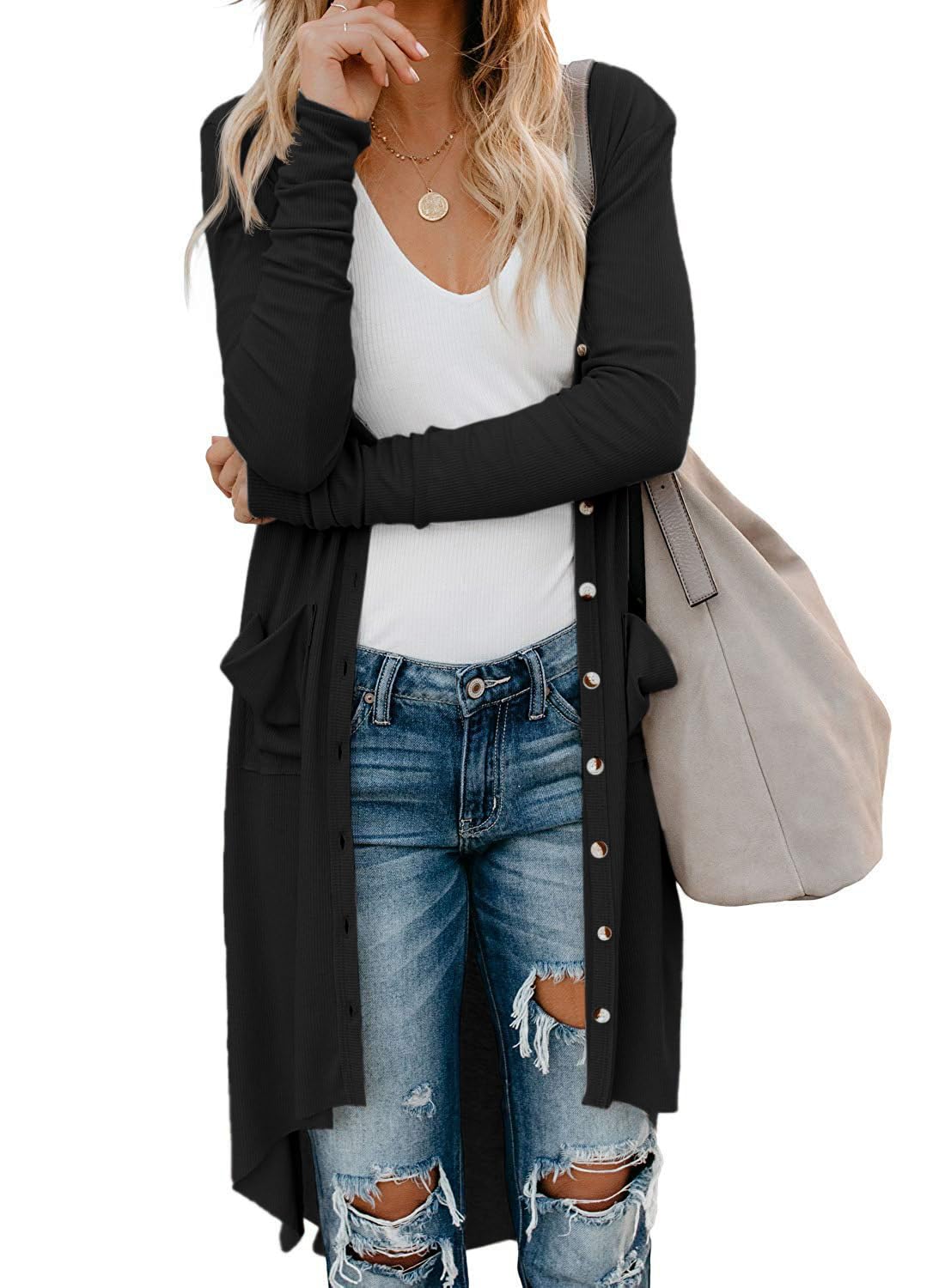 Fisoew Damen Langarm Strickjacke Lang Button Down Cardigan Knielang Open Front Strickpullover mit Taschen