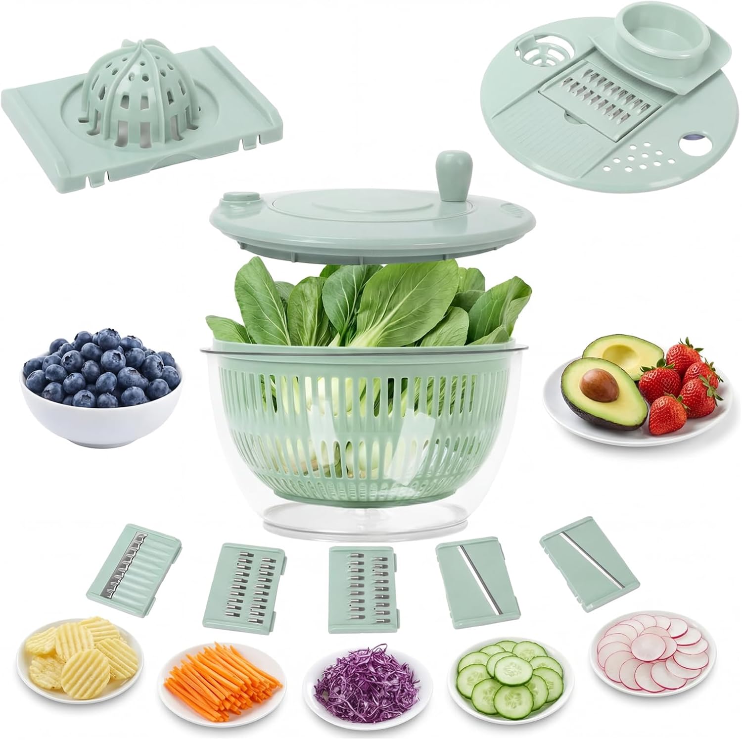 Large Salad Spinner and Slicer - 5.3 Qt, 3 IN 1 Large Vegetables & Fruits Wash Bowl, Lettuce Washer Spinne with 5 Blade Slicer Egg Yolk Strainer, Bowl for Efficient Salad Preparation (Green)