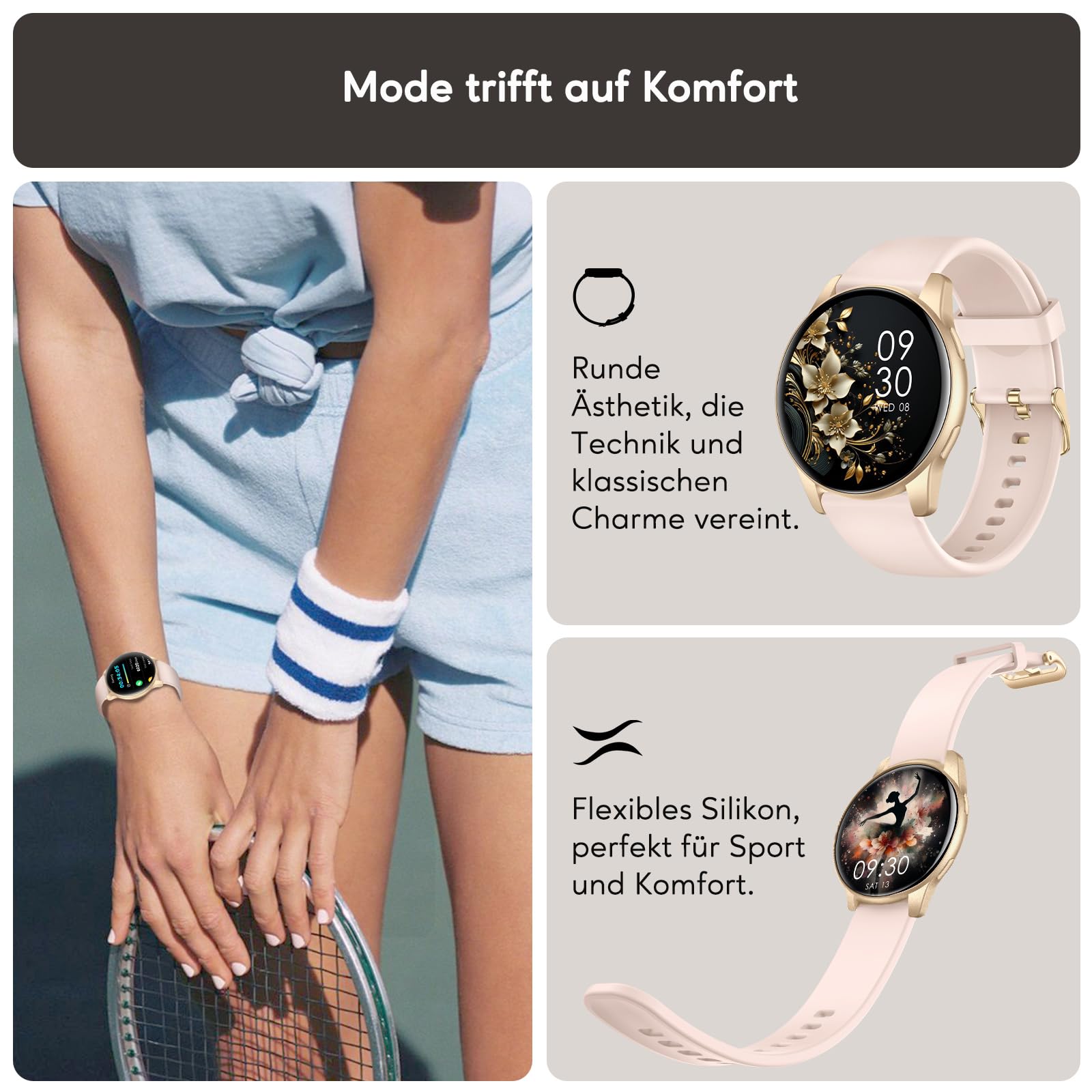 AcclaFit Smartwatch Damen Herren, 1.38 Zoll HD-Display Smart Watch mit Bluetooth Anrufe, Fitness Tracker mit Herzfrequenz SpO2 Schlafmonitor Schrittzähler, IP68 Wasserdicht Fitnessuhr für iOS Pink