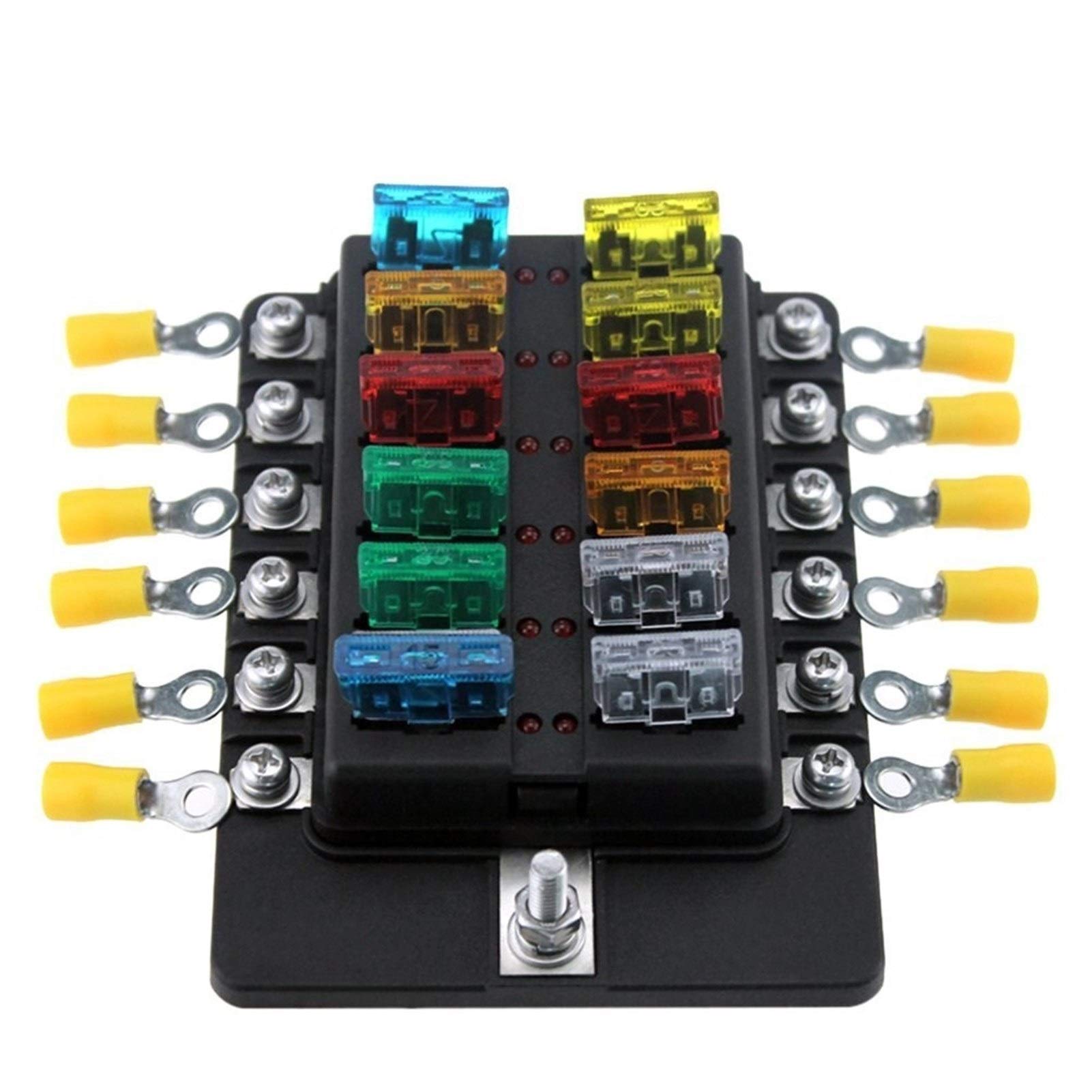 Blocchi fusibili portafusibili a Lama a 12 Vie con indicatore LED Rosso 12 Pezzi fusibili 12 Pezzi terminali per Auto Barca Marina Caravan Camion 12V 24V