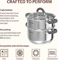 Vista 3 de SUNHOUSE Ollas de vapor de 3 cuartos con tapa, utensilios de cocina multiusos de acero inoxidable de 2 niveles con asas que se mantienen frescas