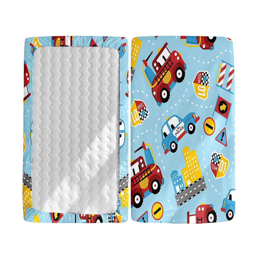 Hiseng 2pcs Microfiber Crib Sheets, Cot Bed Sheets with Cartoon Pattern Cot Fitted Sheets Bassinet Mattress, Soft and Comfortable Toddler Bed Sheets for Boys, Girls (Car,75x30cm)
