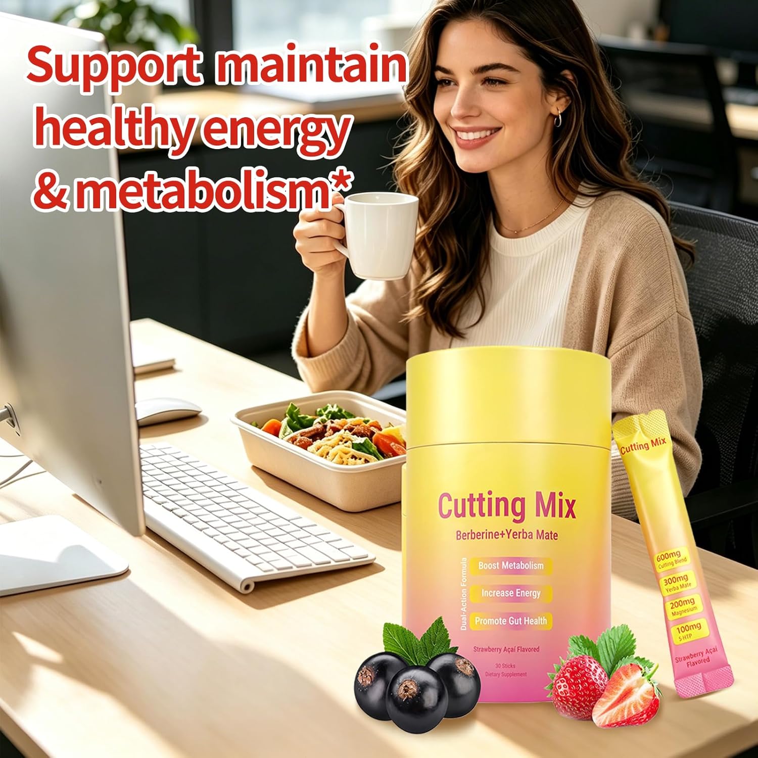Cutting Drink Mix | Supports Satiety Signaling,Supports Energy & Gut Health with Berberine&Chromium&FOS&Yerba Mate & 5-HTP,Strawberry Açaí – 30 Sticks