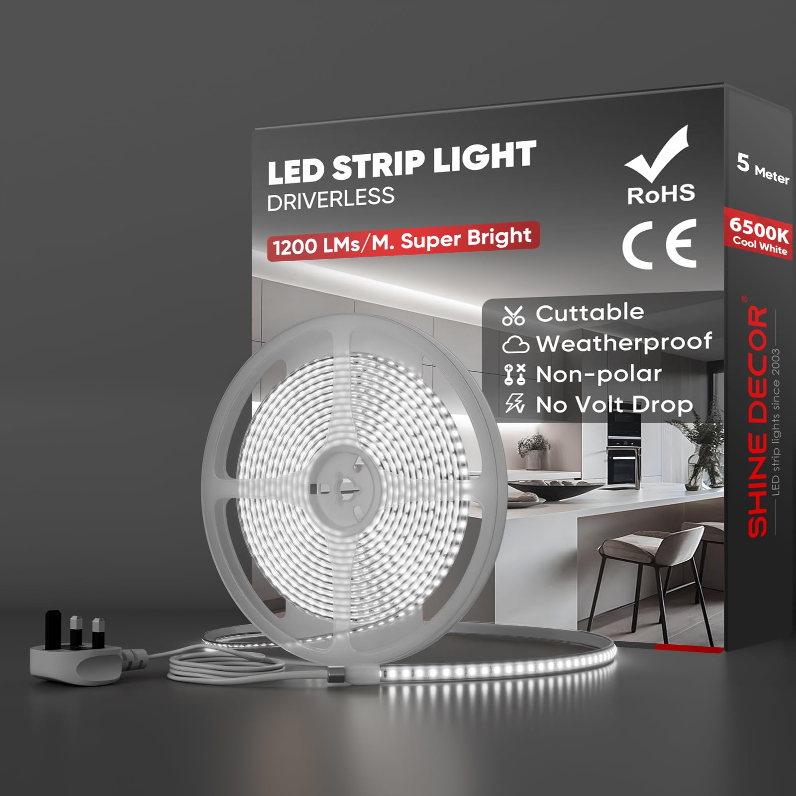 Shine Decor 5m LED Strip Light, AC 220V 230V, IP65 Waterproof, SMD 2835, 120 LEDs/m, Ultra-Bright with UK Plug for Living Room, Kitchen, Wardrobe, Corridors and Garden (Cool White, CE Certified)