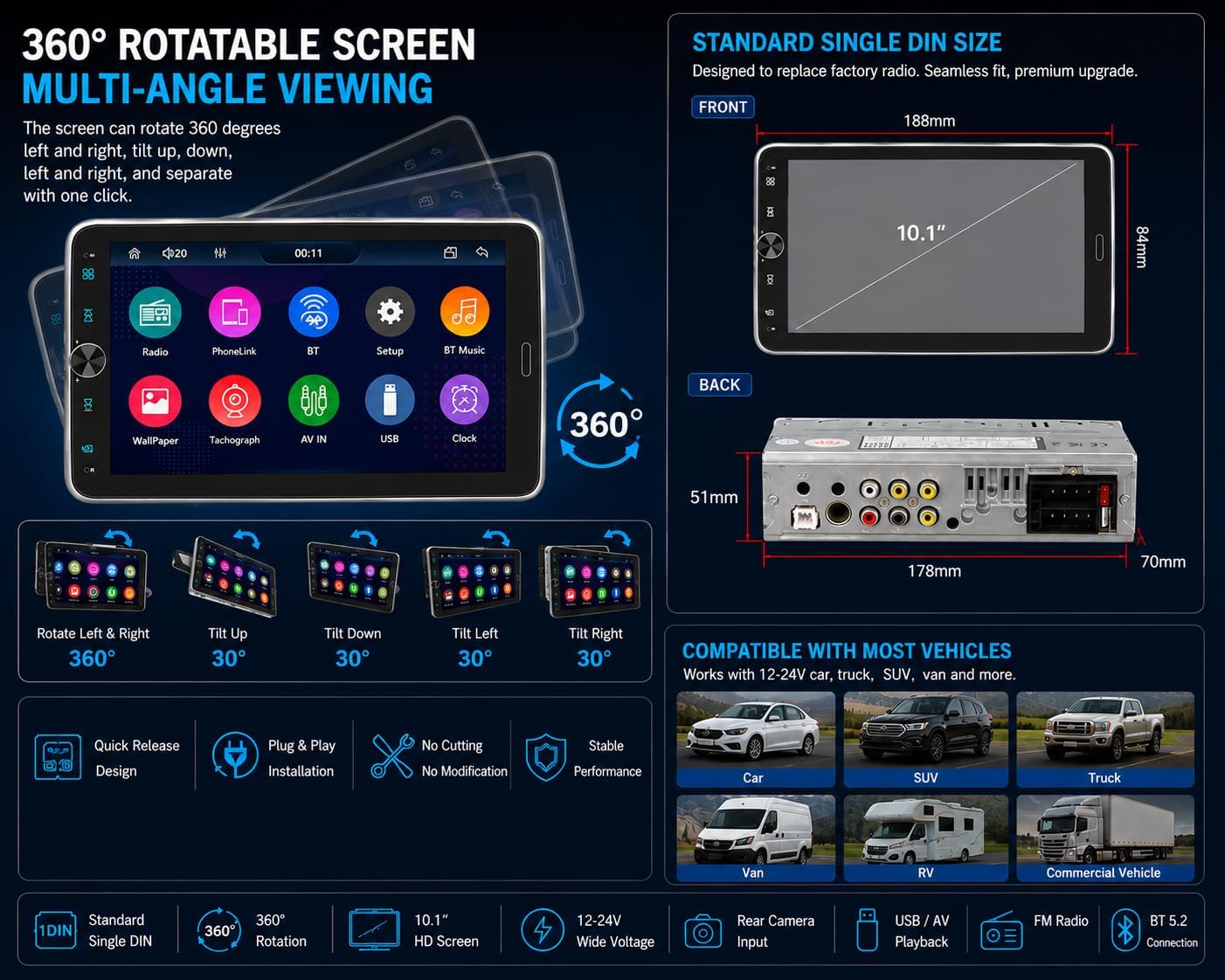 10.1 Inch Single DIN Car Stereo with Wireless CarPlay, Bluetooth 5.2, 720x1280 IPS Rotatable Touchscreen, FM AM RDS Radio with Android Auto, USB/Type-C Fast Charging, Backup Camera, Hands-Free Calling