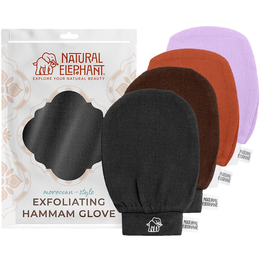 Natural Elephant Exfoliating Kessa Glove - Face and Body Exfoliator Hammam Mitt (Black, Brown, Orange and Teal (Pack of 4))