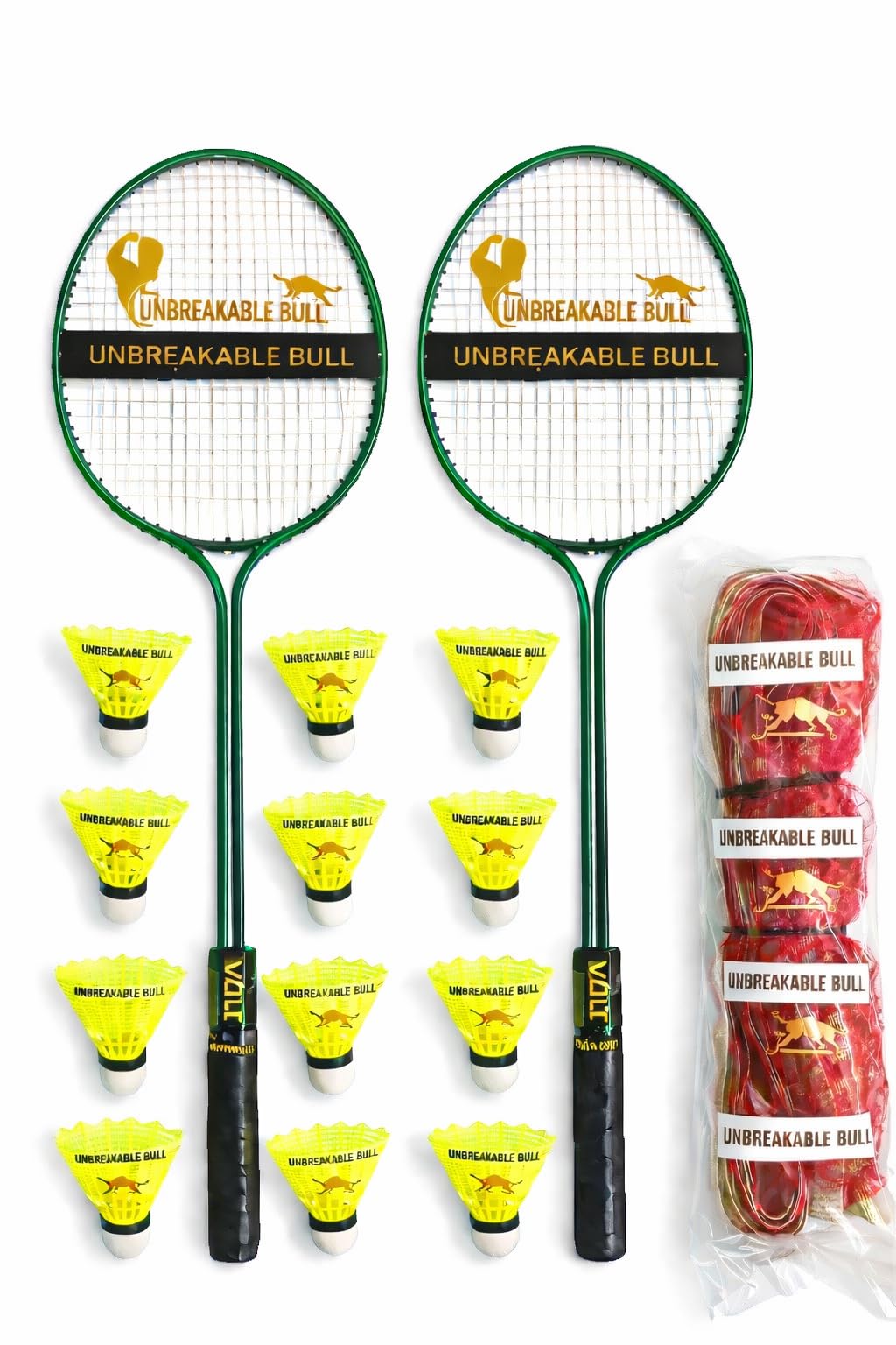 𝐔𝐍𝐁𝐑𝐄𝐀𝐊𝐀𝐁𝐋𝐄 𝐁𝐔𝐋𝐋 Double Shaft Badminton Racket Set with Nylon Shuttlecocks 12PC with Badminton Net | Heavy-Duty Bat for Training & Play for Kids and Adults grn