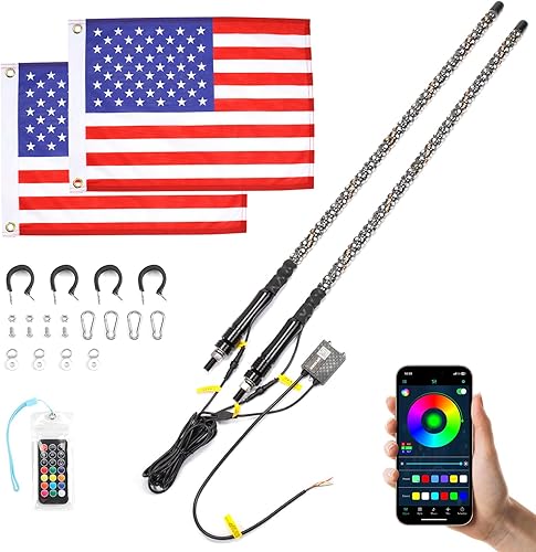 Kemimoto Luces LED de látigo para UTV ATV con Bluetooth y poste de bandera de Estados Unidos, más de 366 modos de iluminación en espiral RGB
