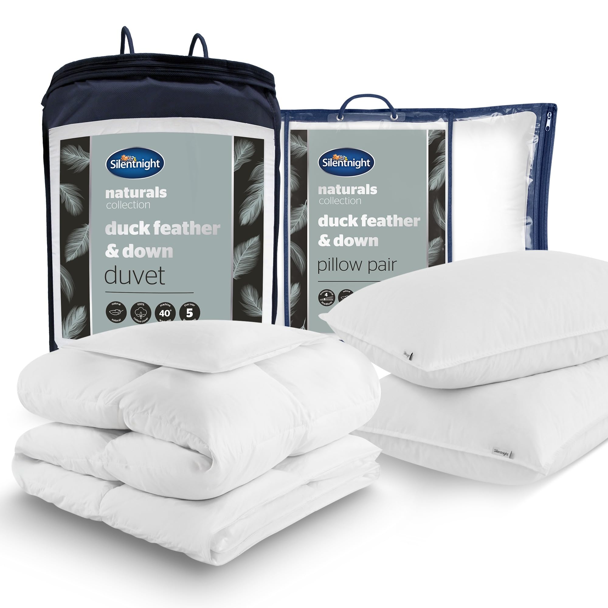 Silentnight White Duck Feather And Down Pillow And Super King Duvet Set - Luxury Hotel Quality Anti Allergy Medium Support Pillows 2 Pack - 10.5 Tog All Year Round Duvet Quilt - Super King