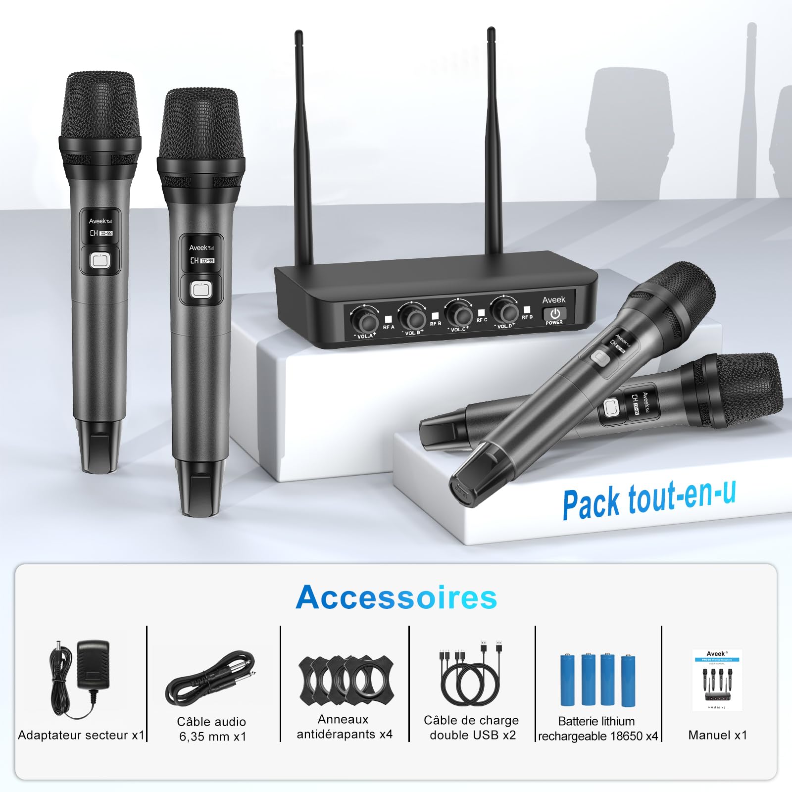 Aveek Système de microphone sans fil avec lot de 4 micros dynamiques portatifs, portée de 80 m, batterie de 40 heures, son de studio à faible latence pour karaoké, chant, discours, église, scène