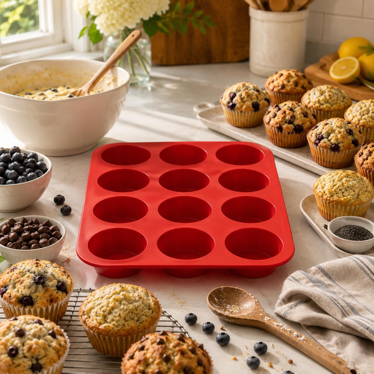 Mrs. Anderson's - Molde para magdalenas de silicona (6 tazas, sin BPA, antiadherente, silicona de grado europeo, 13,18 x 9 x 0,6 cm) Molde para magdalenas, 12 tazas 12-Cup Muffin rosso