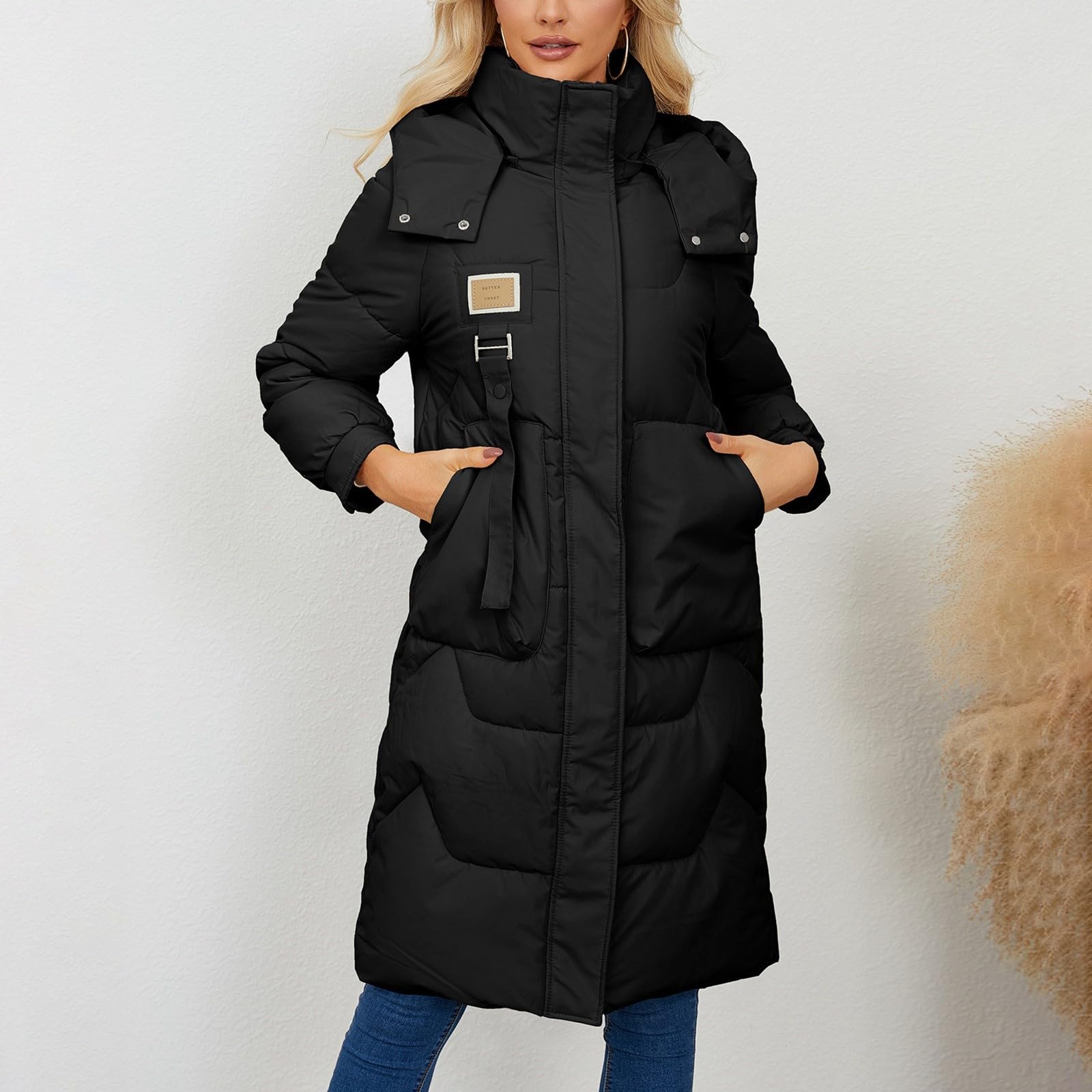 Abrigo de plumas para mujer, largo de invierno, grueso, abrigo de invierno, cálido, con capucha, chaqueta de plumón, cómoda chaqueta amortiguadora, cuello alto, abrigo largo acolchado, ligero