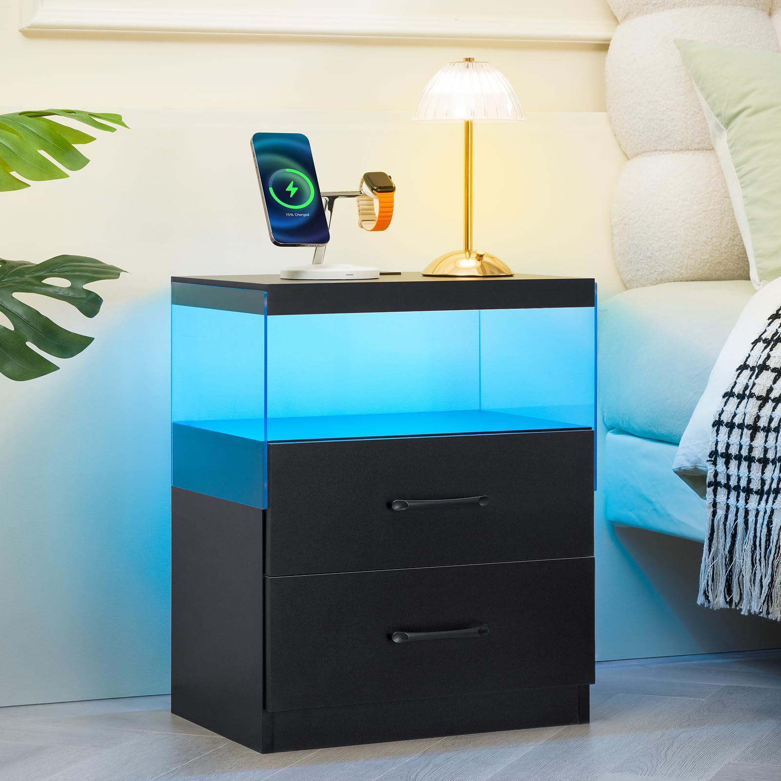 Black Modern Nightstand with Charging Station,2 Drawer Bedside Table with LED Lights, USB Ports for Bedroom, Sturdy Wooden End Table with Silent Slide Drawers