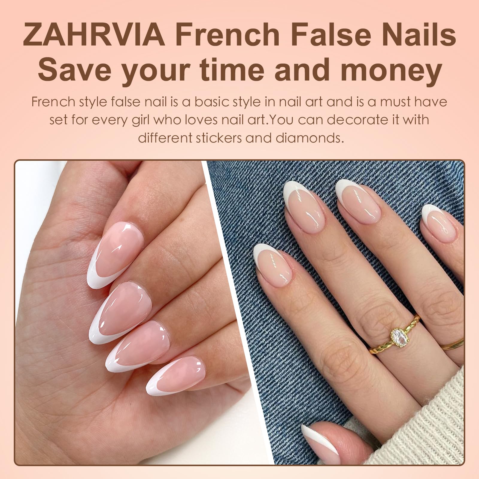ZAHRVIA Almond French Press On Nails, 120Pcs French False Nails, Fake Nail White Tip False Nail Kit - Image 3