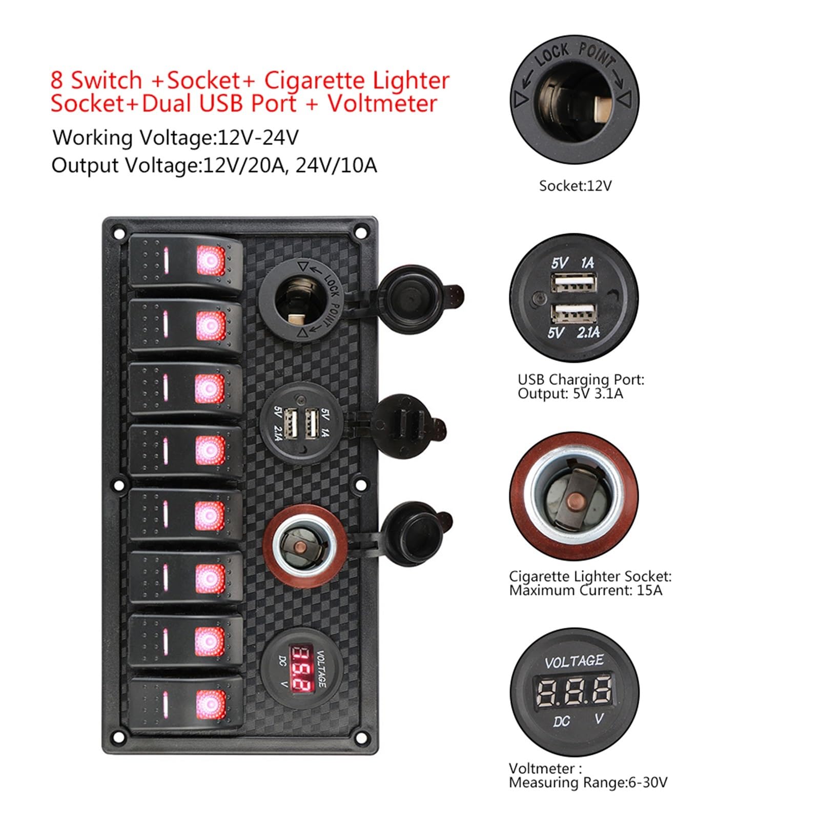 24V 12V Switch Panel 8 Pulsanti Car Light Toggle Caricabatterie USB Adattatore di Alimentazione Caravan Accessori for Barca Van Truck Trailer Marine (Color : Groen)