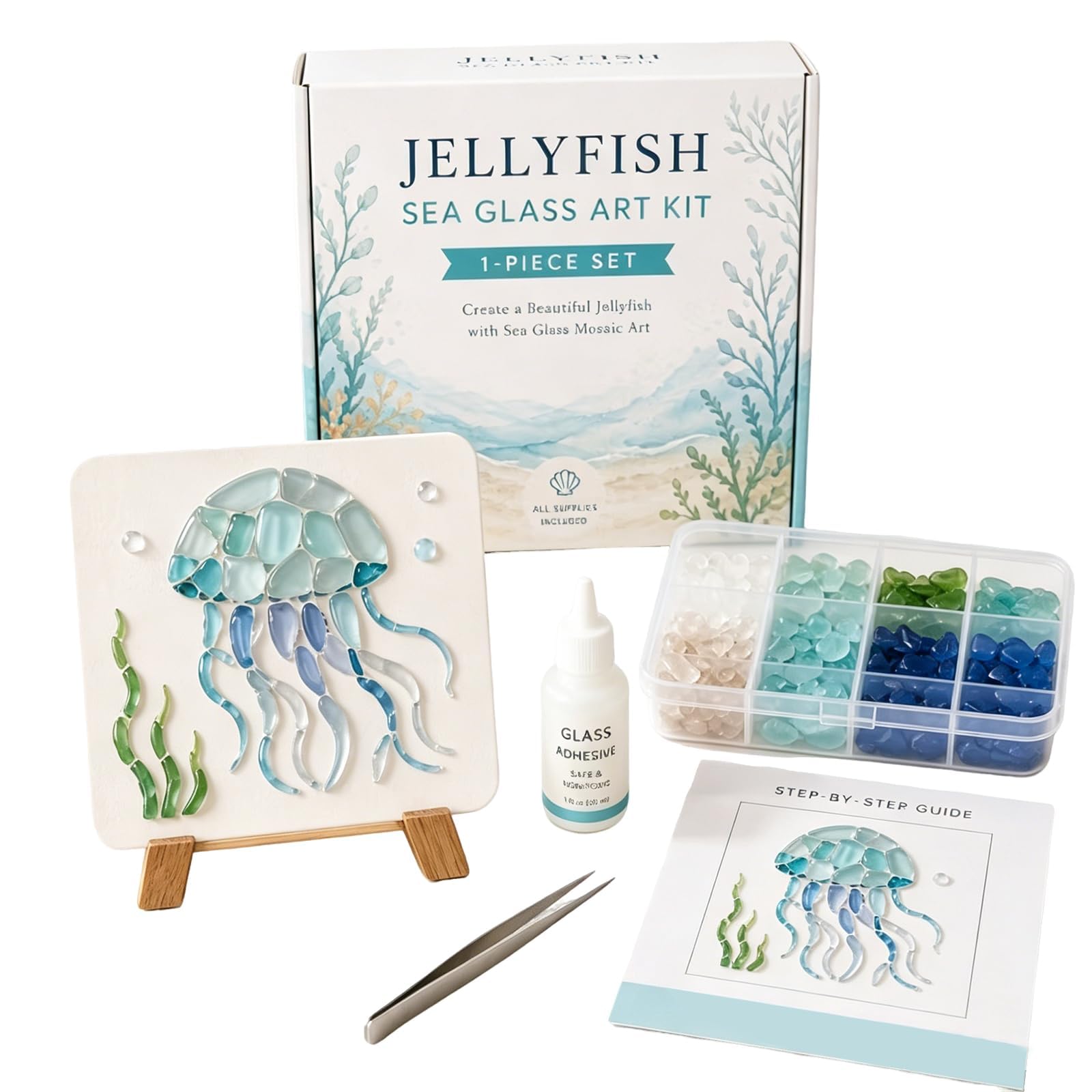 DIY Sea Glass Mosaic Art Kit, Sea Glass Art Kit, Ocean-Themed Seaglass Craft Kits with Colorful Glass Pieces, Coastal Mosaic Arts for Adults & Beginners ，B