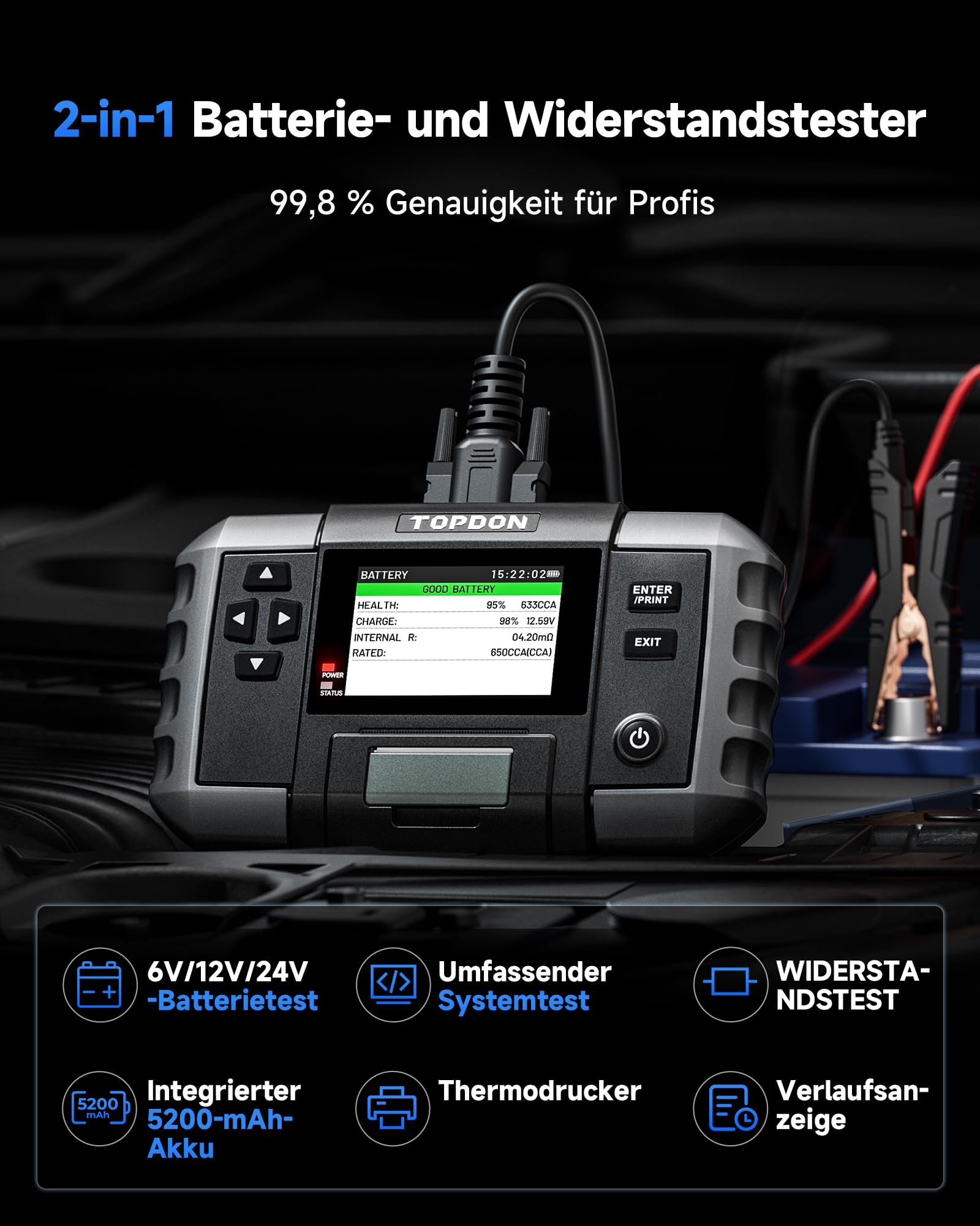TOPDON Batterietester kfz BT600 Plus, Autobatterie Tester für 6V/12V/24V | 12V/24V Start-, Lade- und Systemtests, Widerstands- und Sequenztests, 3,5" Display mit integriertem Akku und Drucker