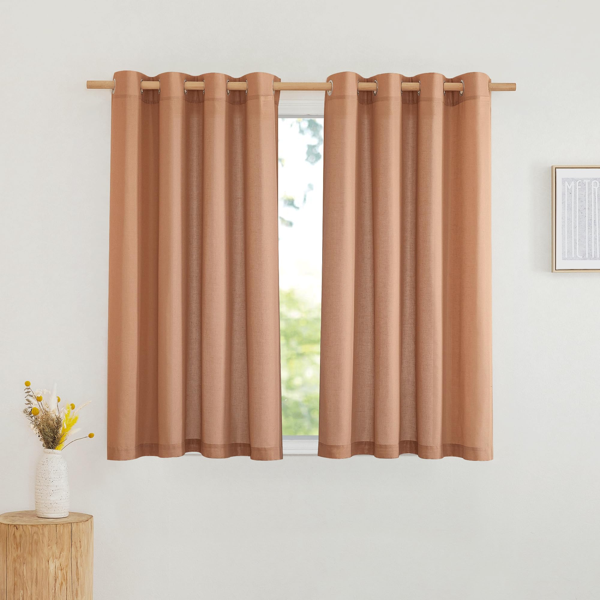 NICETOWN Thick Linen Burnt Orange Curtains for Bedroom, Grommet Linen Blend Window Treatment Privacy Added with Light Filtering Drapes for Bedroom/