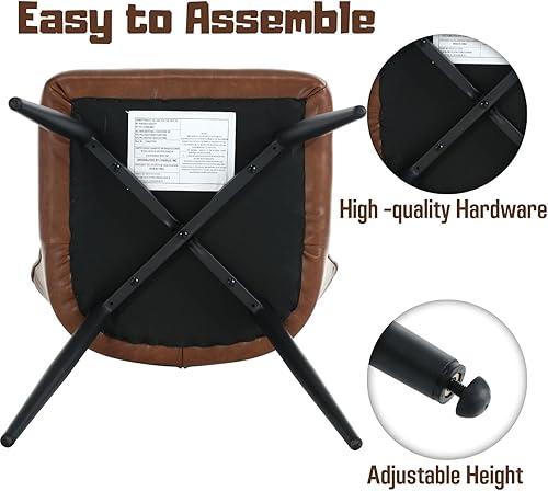 Miniatura 6 de Juego de 2 sillas de comedor marrones de cuero con respaldo, sillas decorativas modernas de mediados de siglo, sillas laterales tapizadas sin brazos