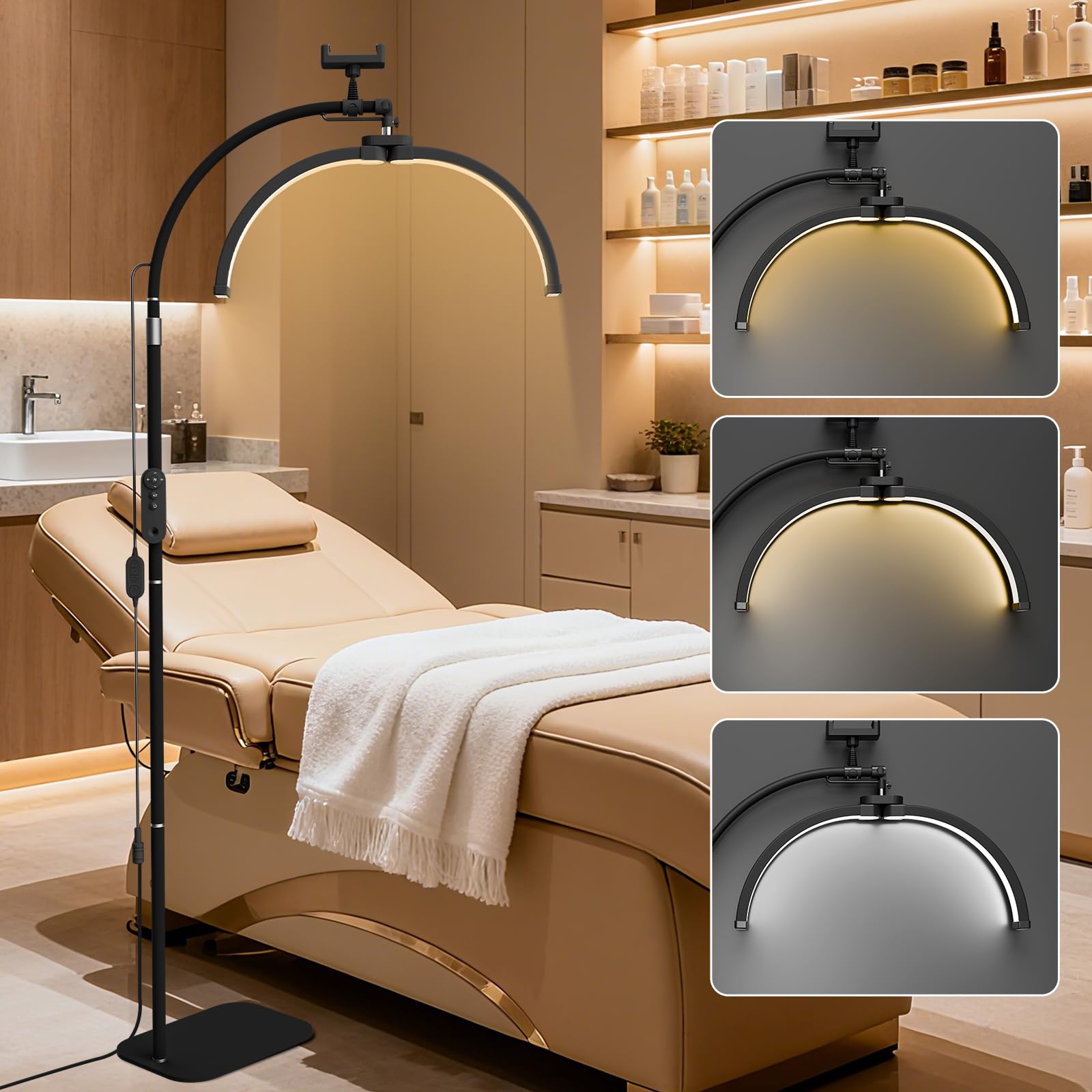 Half Moon Floor Light, LED Lash Light for Eyelash Extensions, Foldable Half Moon Lamp Floor Standing, Beauty Lamp with Phone Holder & 360Β° Rotating Head for Eyelash Tech, Tattoo, Nail Tech (Black)