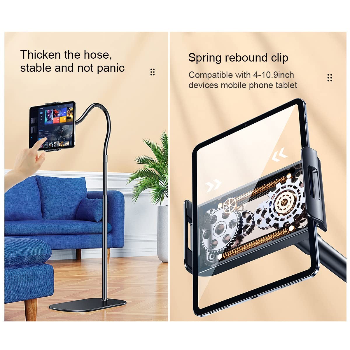 Soporte de cuello de cisne ajustable en altura para dispositivos de 4 a 10.9 pulgadas, altura ajustable de 1.4 m, soporte perfecto para leer, ver y videollamadas