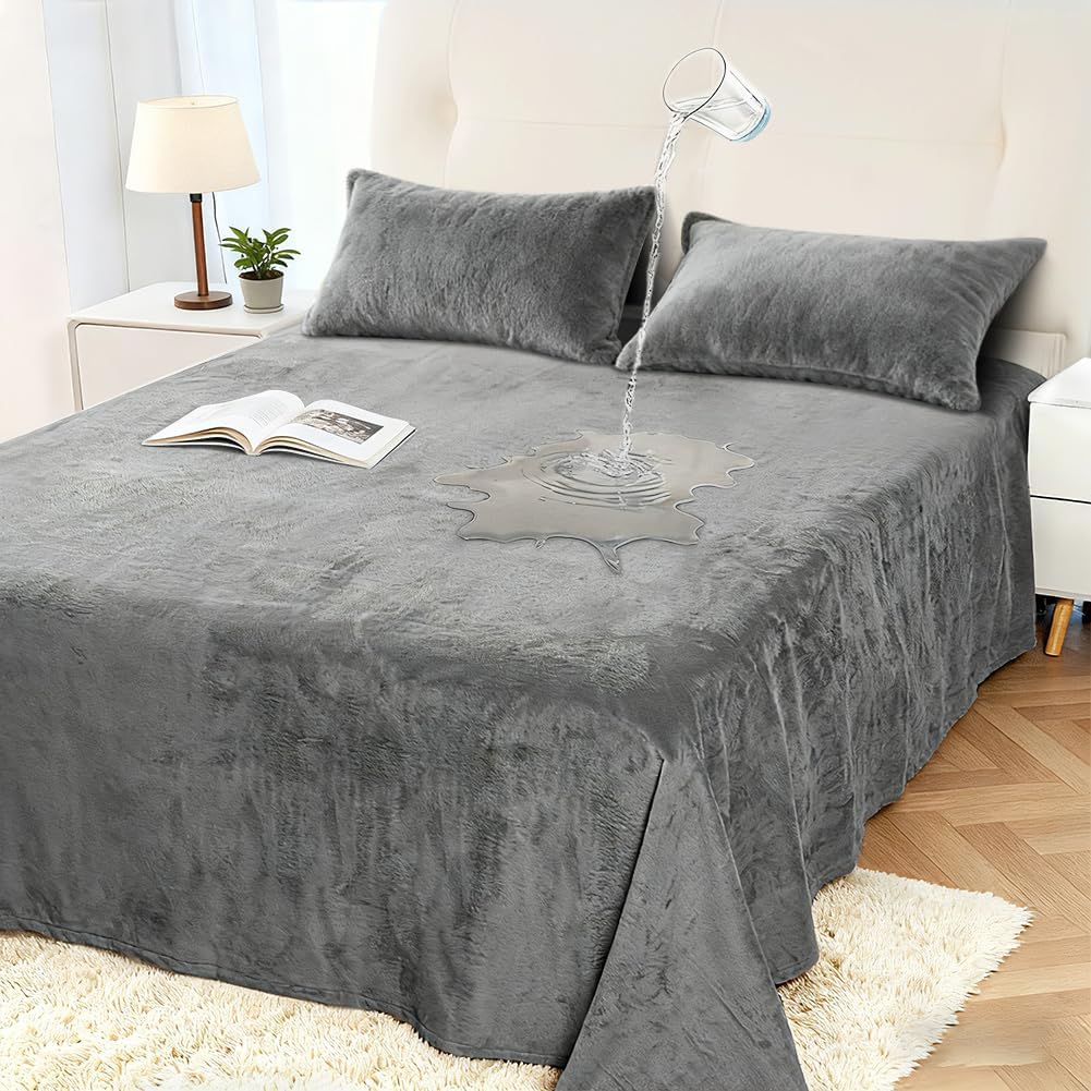 DUJUIKE Waterproof Bed Cover, Velvet Waterproof Sheet Cover, Children's Mattress Protector, Quiet Mattress Cover, Super Soft and Comfortable, Machine Washable (Grey, 230 x 250cm) — image 1