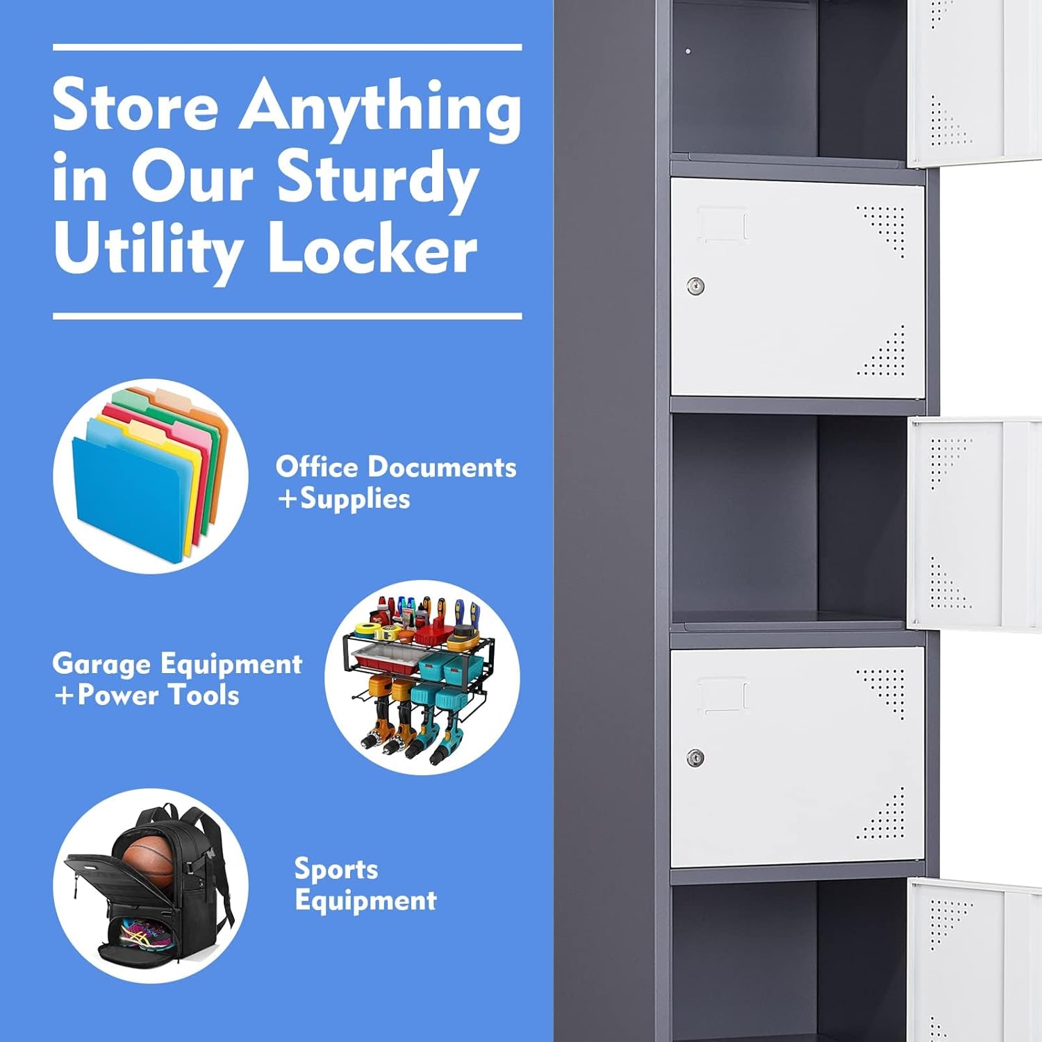 Metal Locker with 6 Doors, Tall Steel Storage Lockers for Employees - 71" Locker Storage Cabinets for School, Home, Office, Gym,Garage (Grey White)