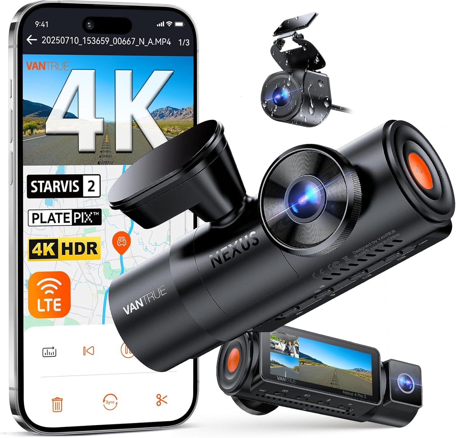 VANTRUE N4 Pro S 4K 3 Kanal Dashcam Auto, 4K+1080P+1440P Vorne Hinten Innen, STARVIS 2 Ultra HD-Nachtsicht, PLATEPIX Kennzeichenerkennung, 5GHz WLAN GPS, DSGVO-konform, G-Sensor, 24H Parküberwachung