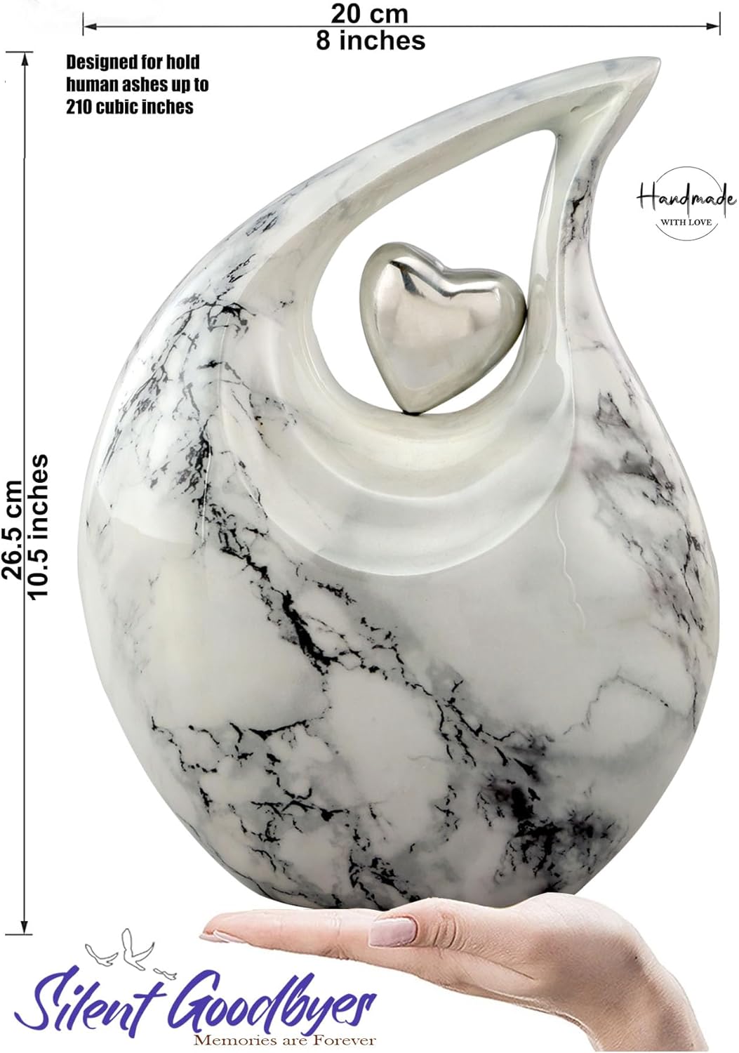 Eternal Tear – Loving Heart Teardrop Cremation Urn for Human Ashes – Solid Metal Adult Memorial Urn Holds Ashes Up to 210 lbs – Unique Drop-Shaped Funeral Urn with Velvet Bag (Carrara White)