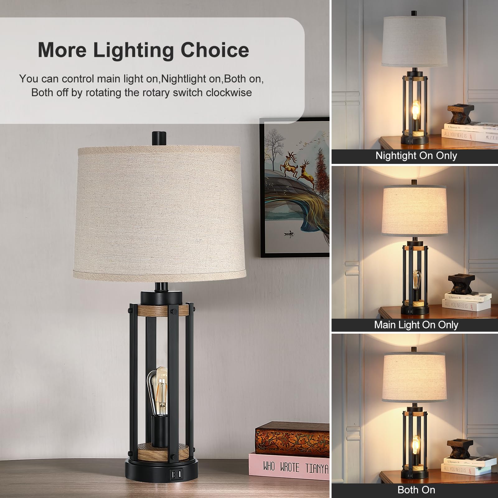 Altgedecor Farmhouse Table Lamps for Living Room Set of 2, 26� Rustic Beside Lamps with USB Charging Ports and Night Light, Bedroom Nightstand Lamp Vintage Reading Lamps for End Table,Bulbs Included