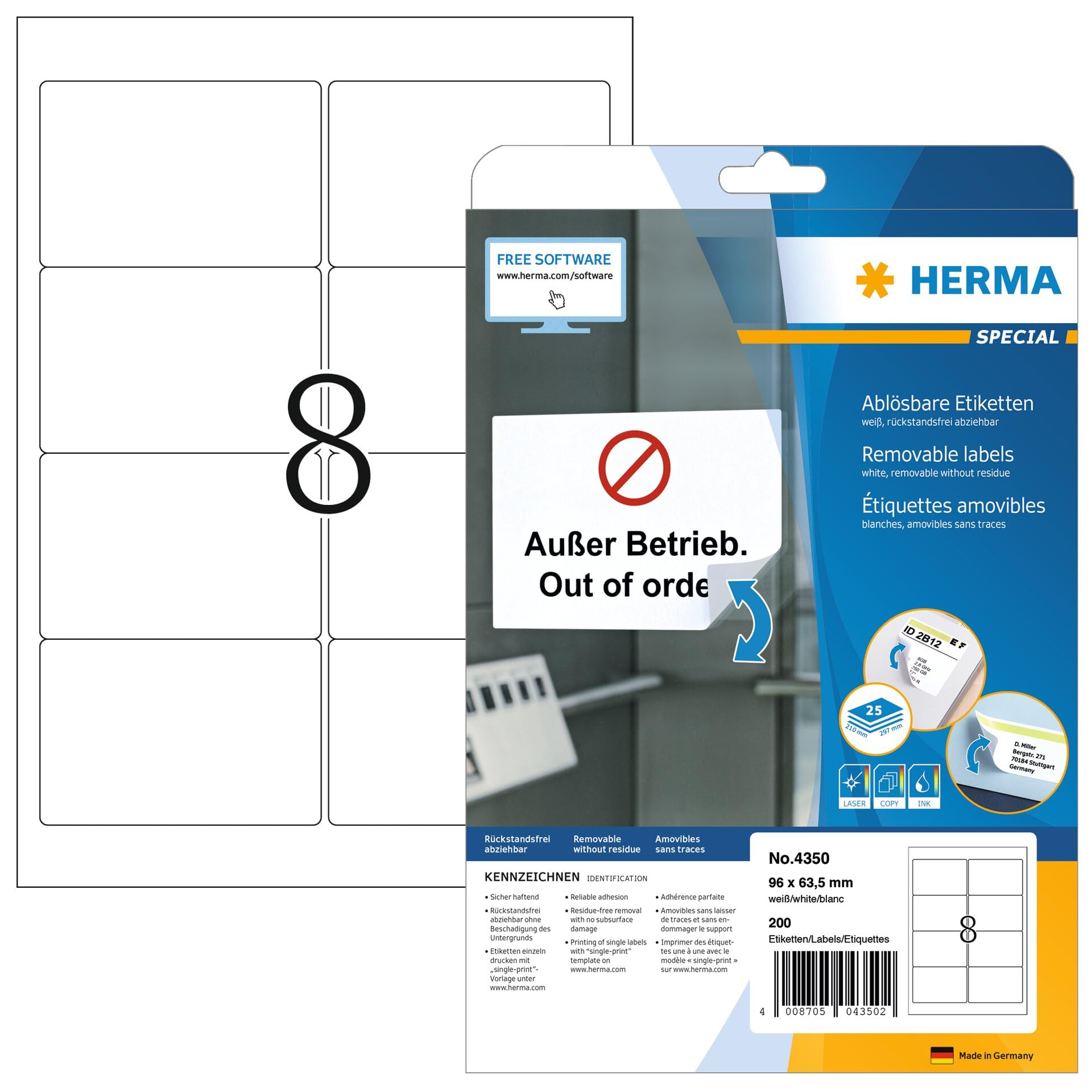 HERMA Self Adhesive Removable Multi-Purpose Labels, 8 Labels Per A4 Sheet, 200 Labels For Printers, Large, 96 x 63.5 mm (4350), White