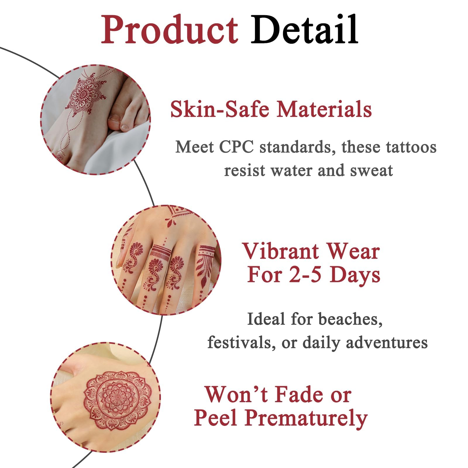 12 Sheets Temporary Tattoo Sticker, Brown Red Indian Mandala Flower Tattoo - Image 3