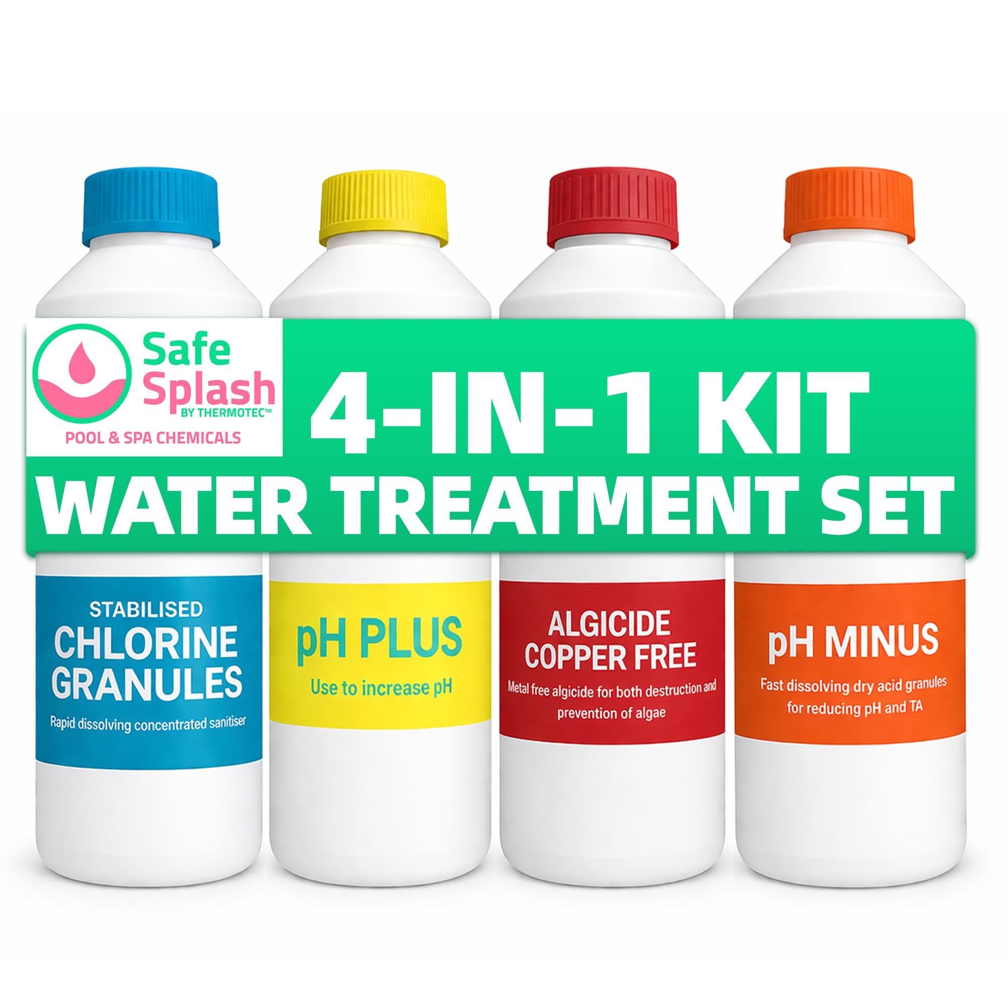 Safe Splash Water Treatment Kit – Stabilised Chlorine, PH Plus, PH Minus, Algicide - Hot Tub & Pool Water Cleaning Bundle for Clear Water, Sanitise & Maintenance