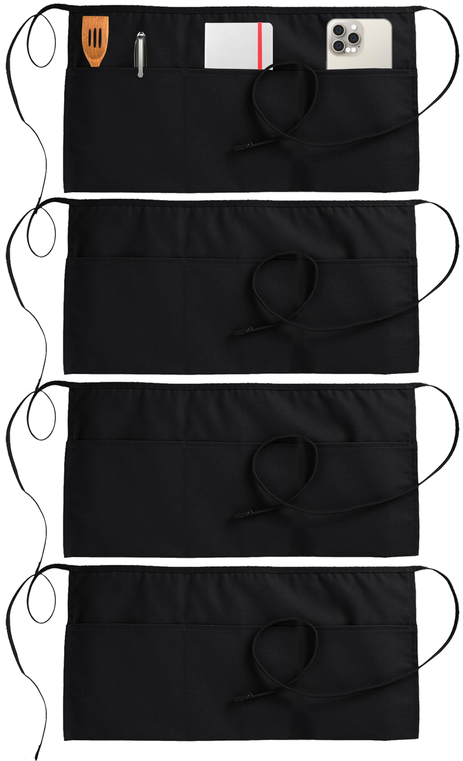 4 Pack Server Apron with 3 Pockets, Waist Apron for Waiter Waitress, 12 Inches