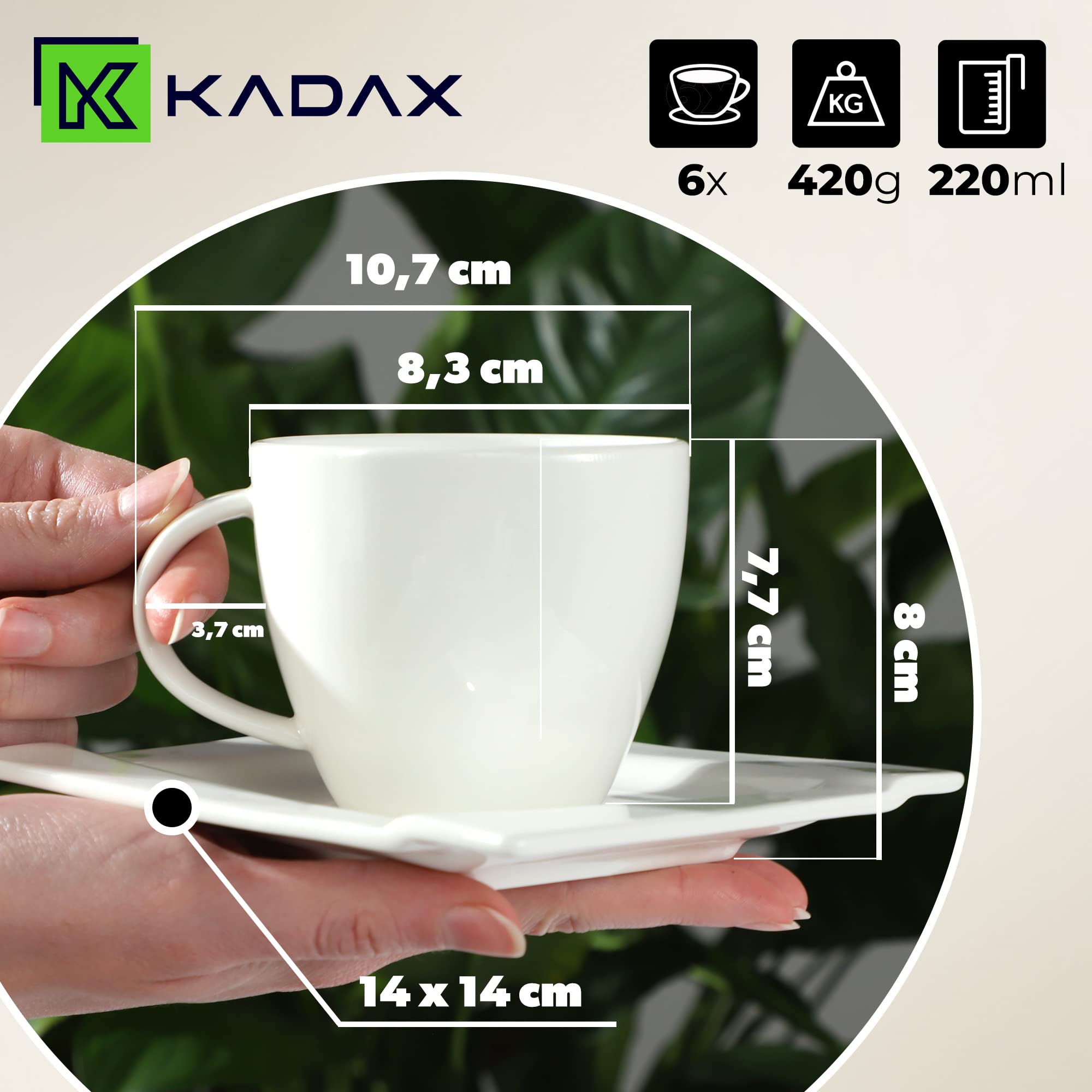 KADAX Juego de tazas de café, 6 tazas de café y 6 platillos, 220 ml, juego de té con platillos, tazas de café de paredes gruesas (blanco)
