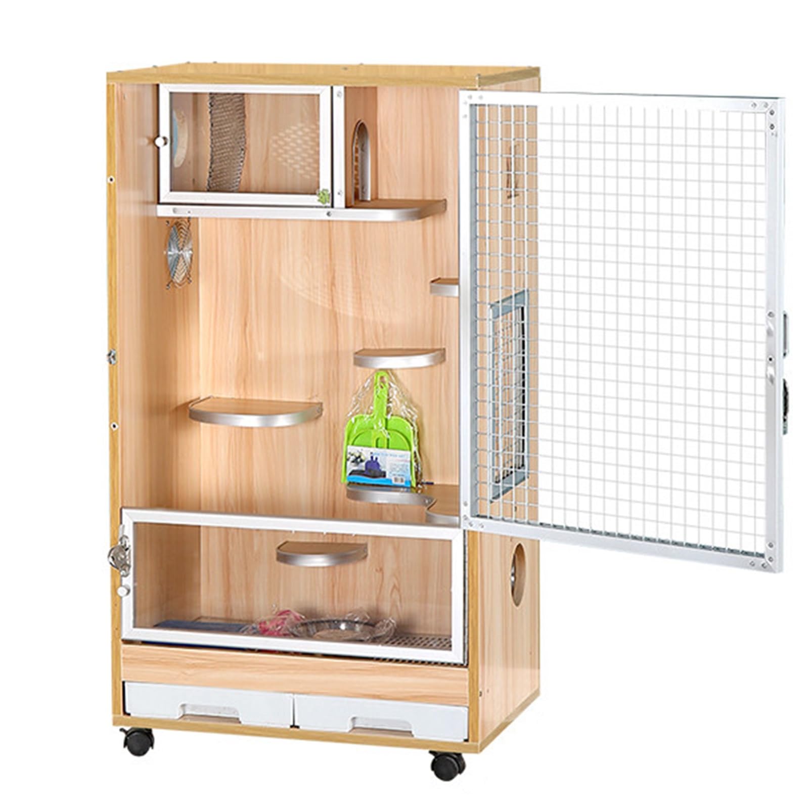 Jaula para Chinchilla , Jaula para Animales Pequeños , Jaula Caseta Madera Hámster Roedores con Puertas Delanteras/Tazón De Comida/Botella De Agua/Bandejas Deslizables/Ruedas Giratorias(60*40*100cm)