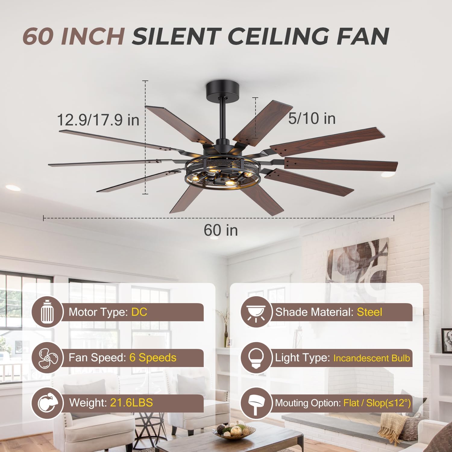 60 Inch Farmhouse Ceiling Fans with Rustic Lights, Caged Ceiling Fans with Remote, Industrial Ceiling Fan with Reversible DC Motor, Antique Flush Mount Fan with Chandelier for Living Room Bedroom
