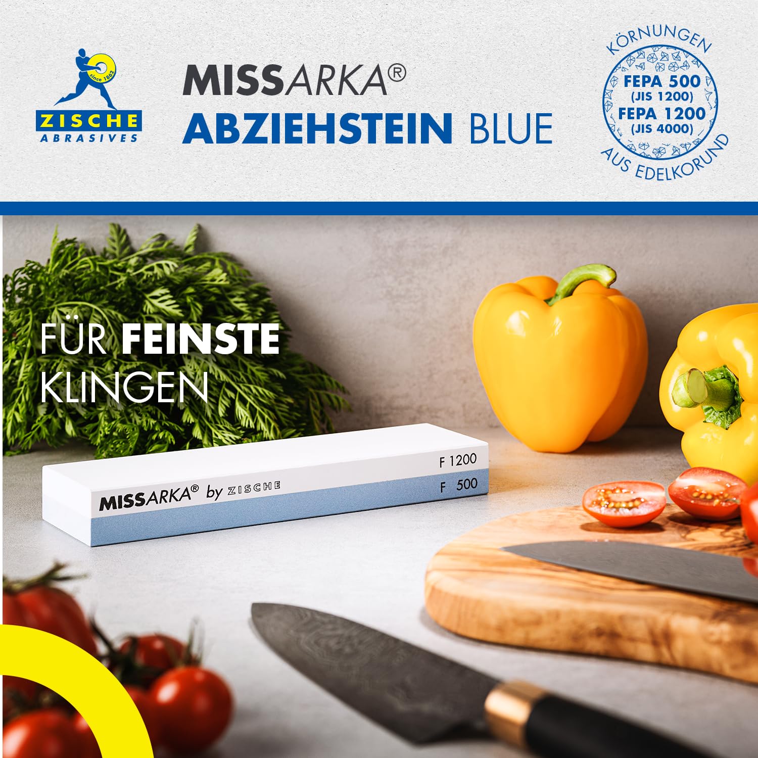 Zische Missarka Blue - Messerschärfer - Messerschleifer- Schleifstein aus Edel-Korund - 200x60x25 mm - 2 Körnungen FEPA 500/1200