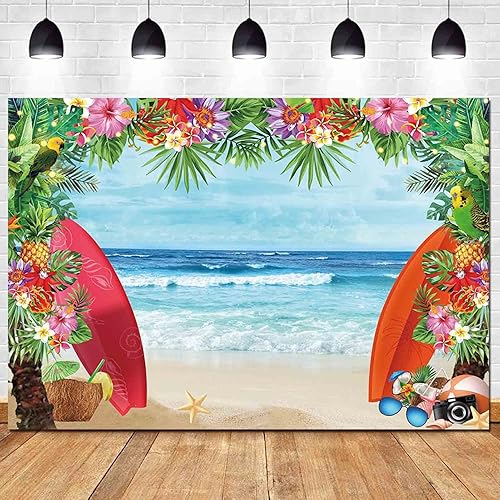 Miniatura 5 de HQM Tela de verano de 7 x 5 pies, fondo de fotos de playa tropical, concha, Hawaii, flor de mar azul, niños, cumpleaños, Luau, fiesta, fotografía,
