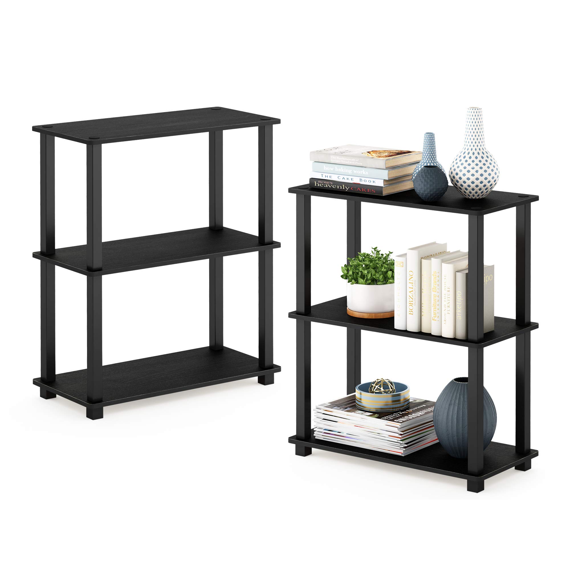 Furinno TURN-S-TUBE Storage Shelves Set of 2, 3-Tier Book Shelf, Corner Shelf, Toolless Open Shelves, Square Tubes, for Organization and Storage, Living Room, Garage, Home Office, Americano