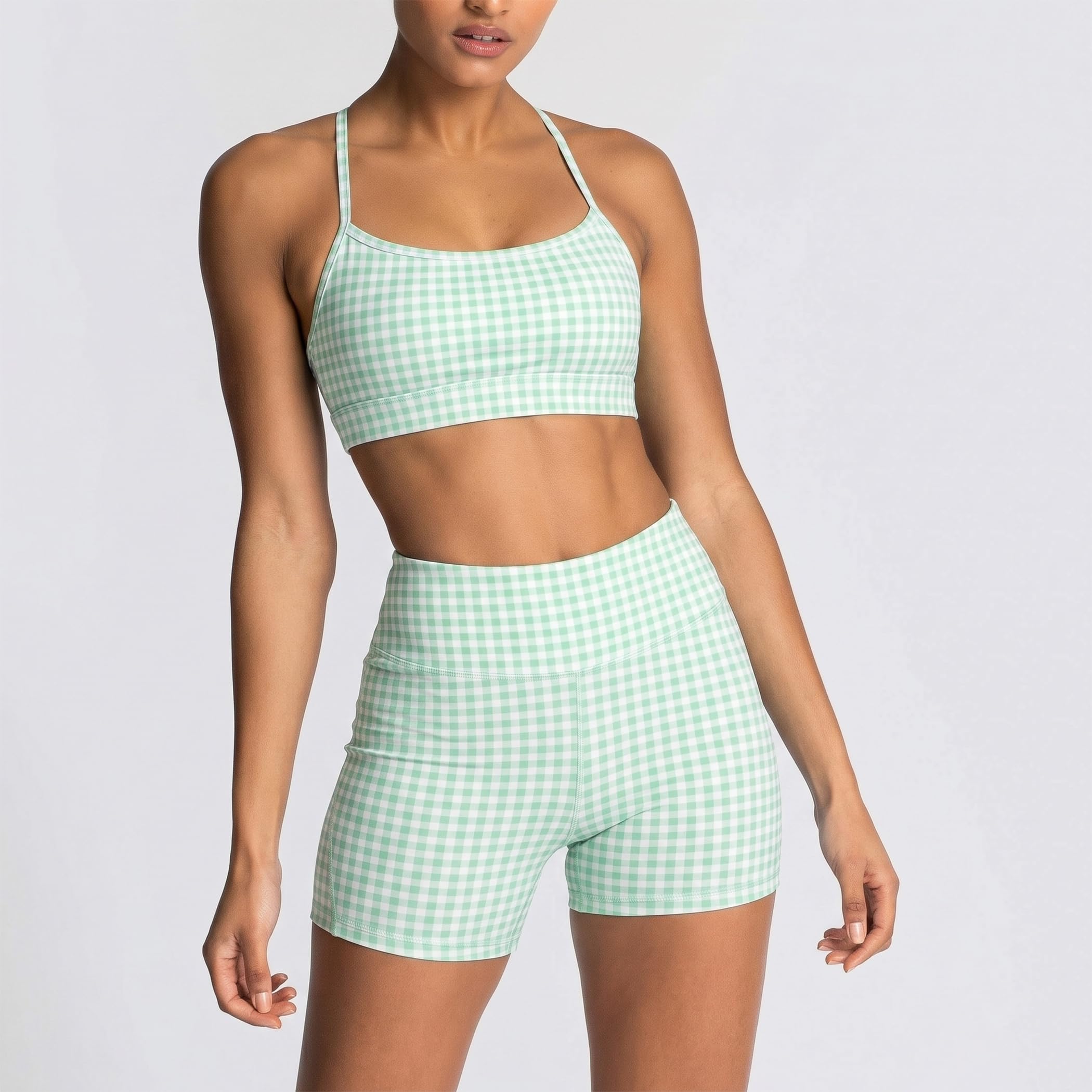 2-teiliges Workout-Set für Damen, Yoga, Pilates, Outfits, Fitnessstudio, passende Sets, Gingham-Muster, Small