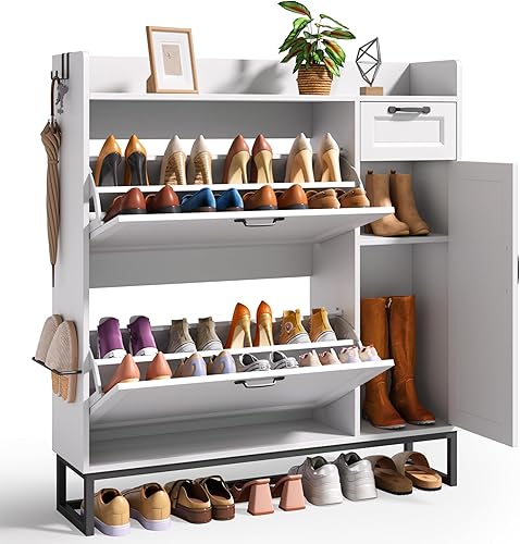 Ahomly Zapatero blanco de 42 pulgadas, 2 cajones abatibles (ajustables), armario lateral, cajón de almacenamiento y parte superior abierta, ganchos