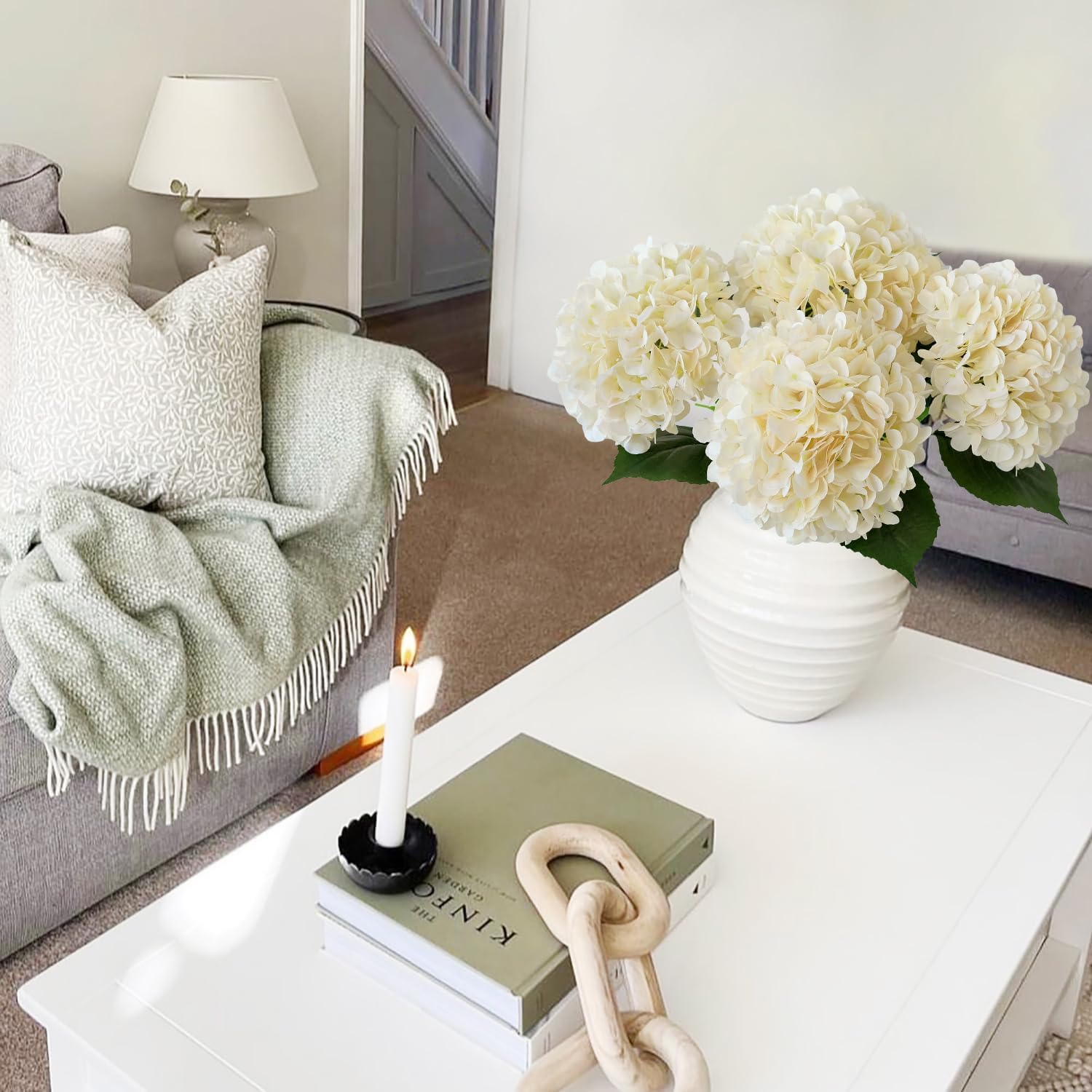 Boho Silk Hydrangea Artificial Flowers, 4Pcs 22" Large Lifelike Flowers,Artificial Hydrangeas for Indoor Bouquet Table Centerpieces Home（Cream/Yellow） - Image 7